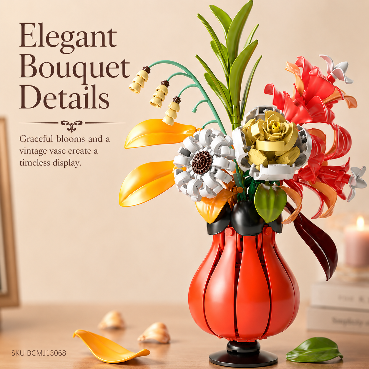 Flower Knows Building Blocks Bouquet – DIY Floral Display Set with Red Vase - close-up detail view