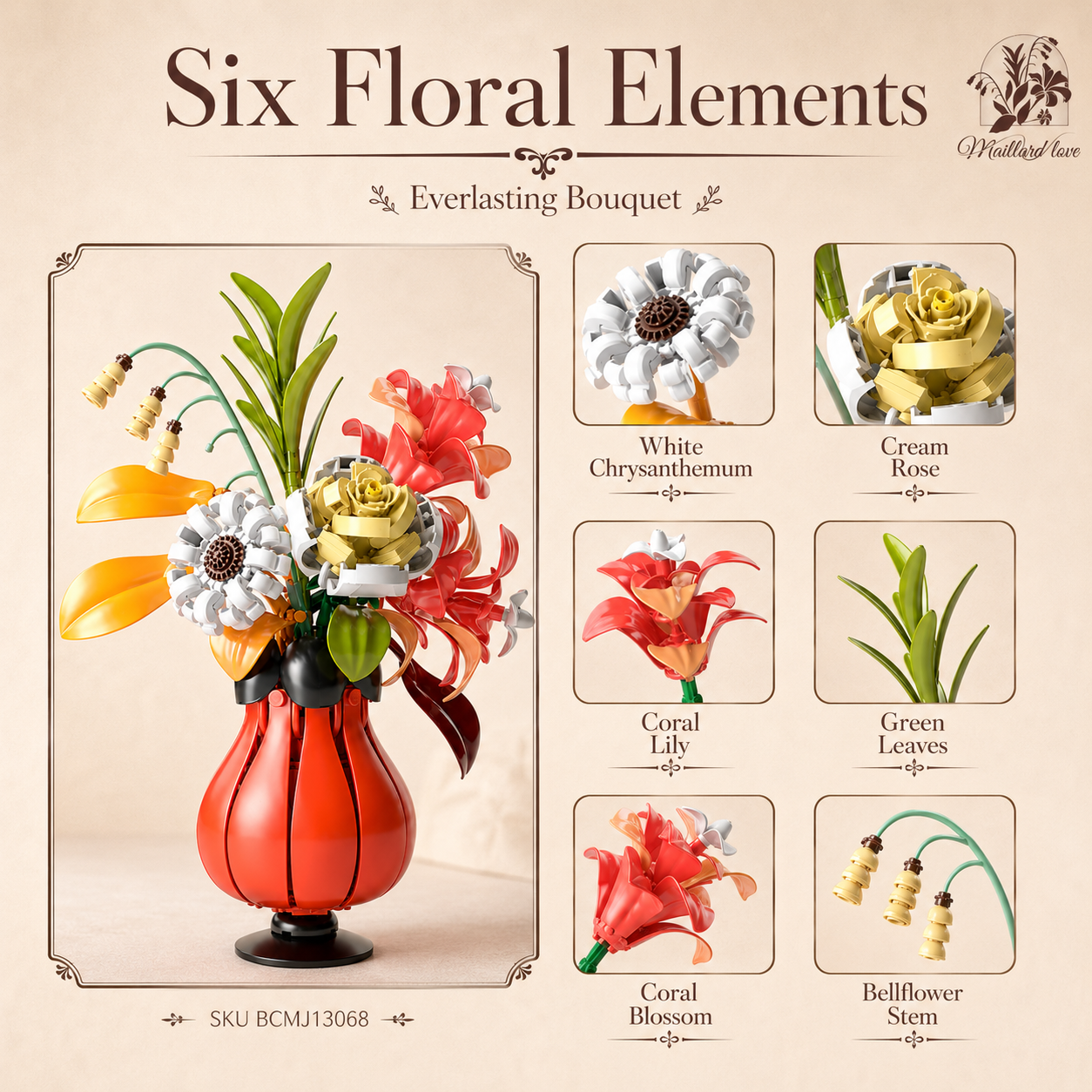 Flower Knows Building Blocks Bouquet – DIY Floral Display Set with Red Vase - floral elements close-up