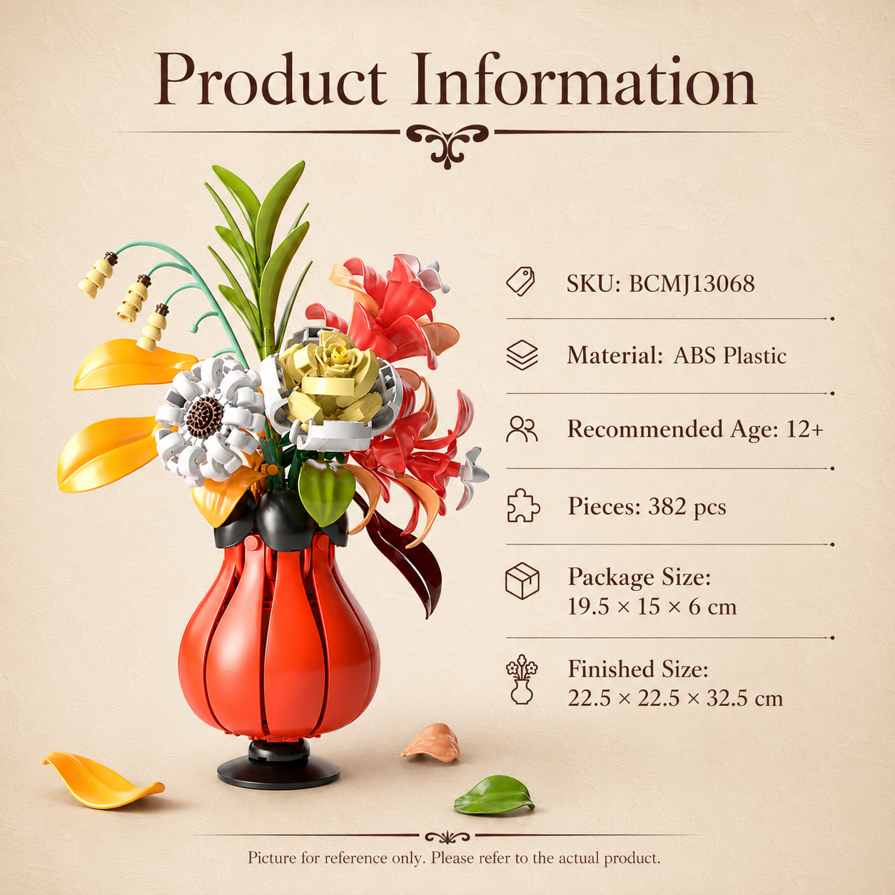 Flower Knows Building Blocks Bouquet – DIY Floral Display Set with Red Vase - product information graphic