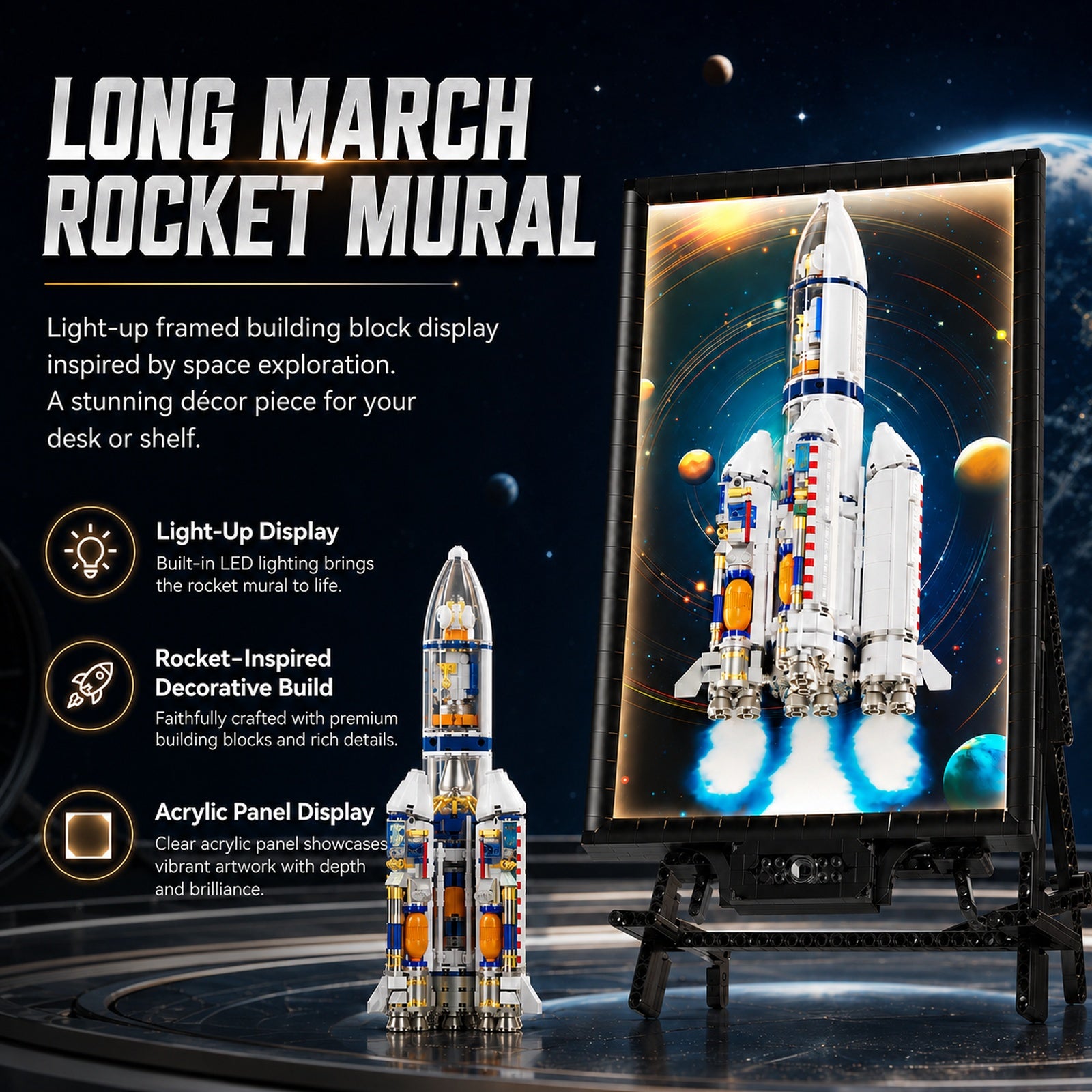 Long March Rocket Light-Up Wall Art Building Block Display Set - rocket wall art feature image