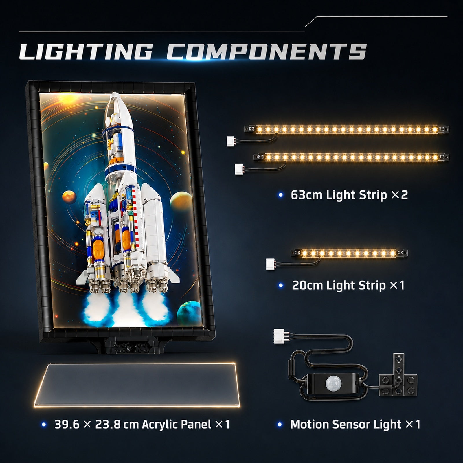 Long March Rocket Light-Up Wall Art Building Block Display Set - lighting components feature image