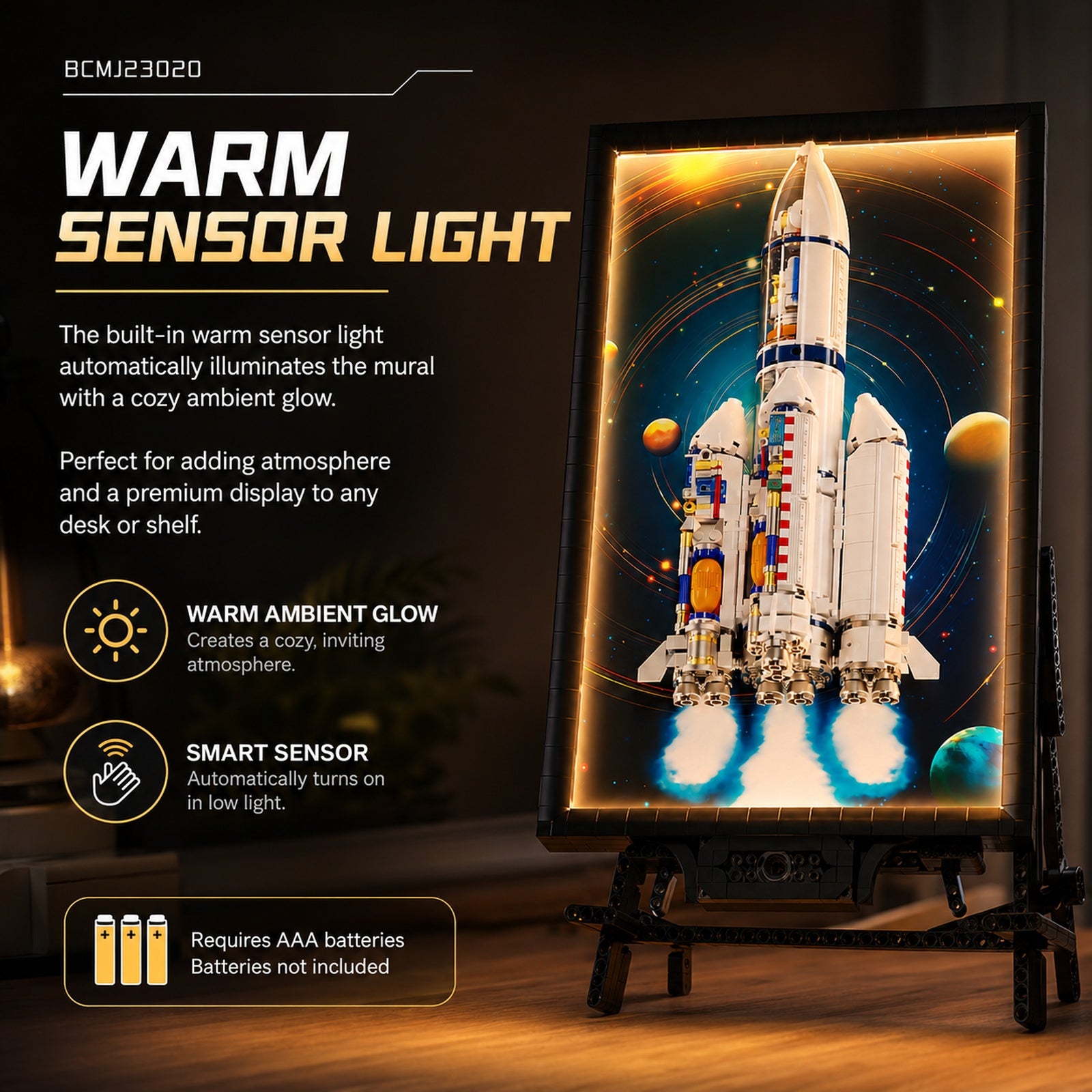 Long March Rocket Light-Up Wall Art Building Block Display Set - sensor light feature image