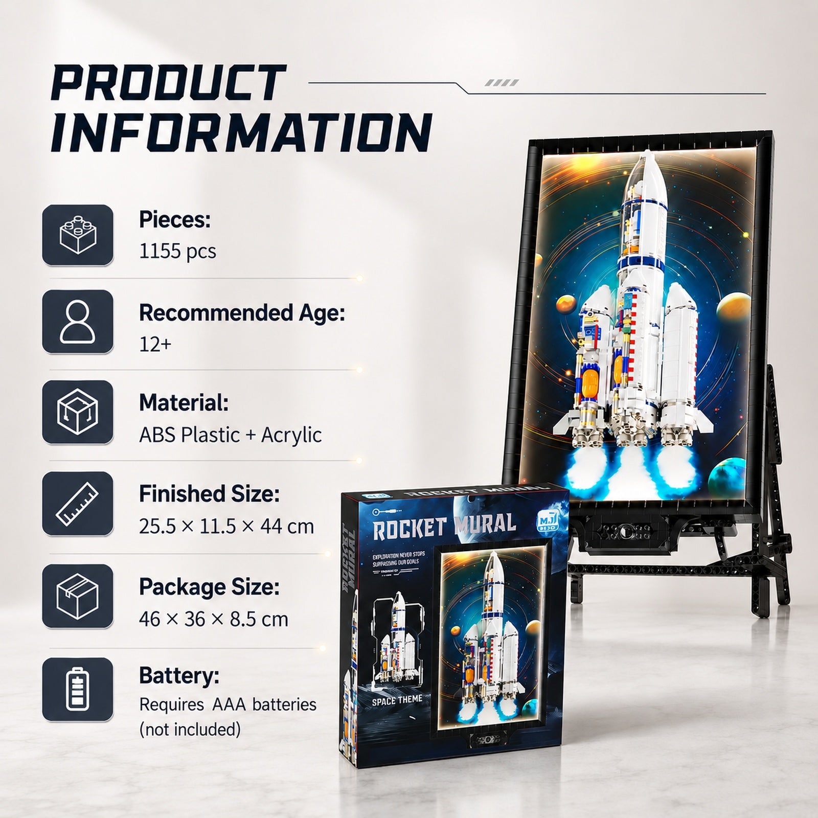 Long March Rocket Light-Up Wall Art Building Block Display Set - product information graphic
