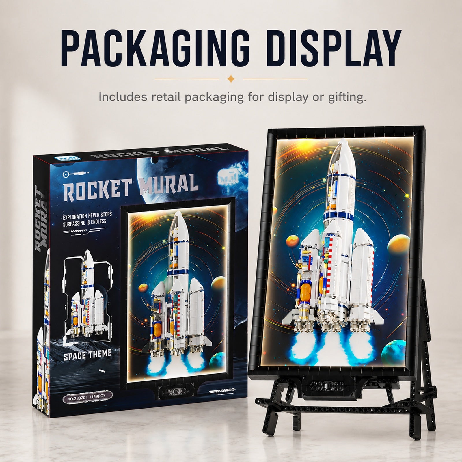 Long March Rocket Light-Up Wall Art Building Block Display Set - retail packaging display