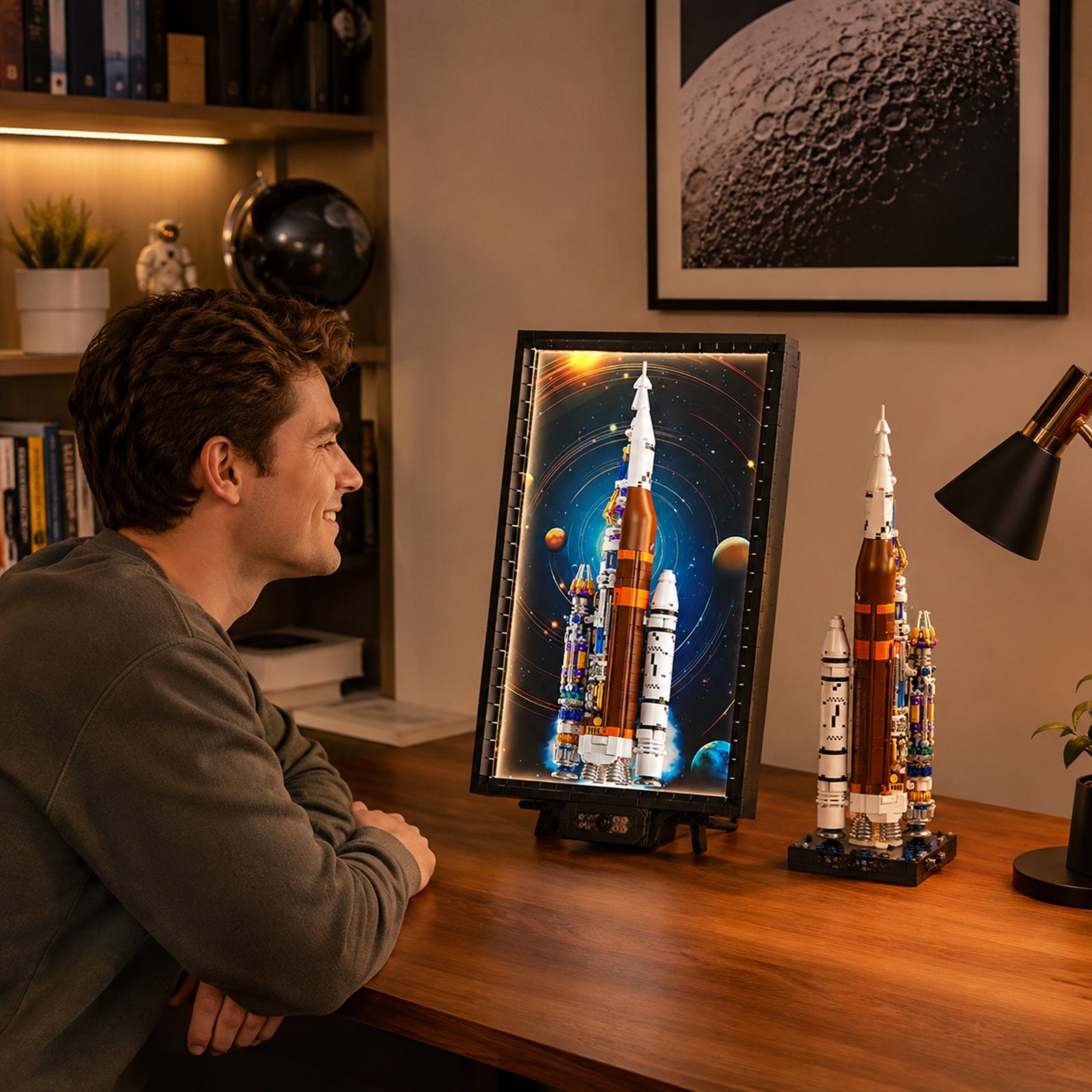 Apollo Rocket Light-Up Wall Art Building Block Display Set - displayed in a lifestyle scene