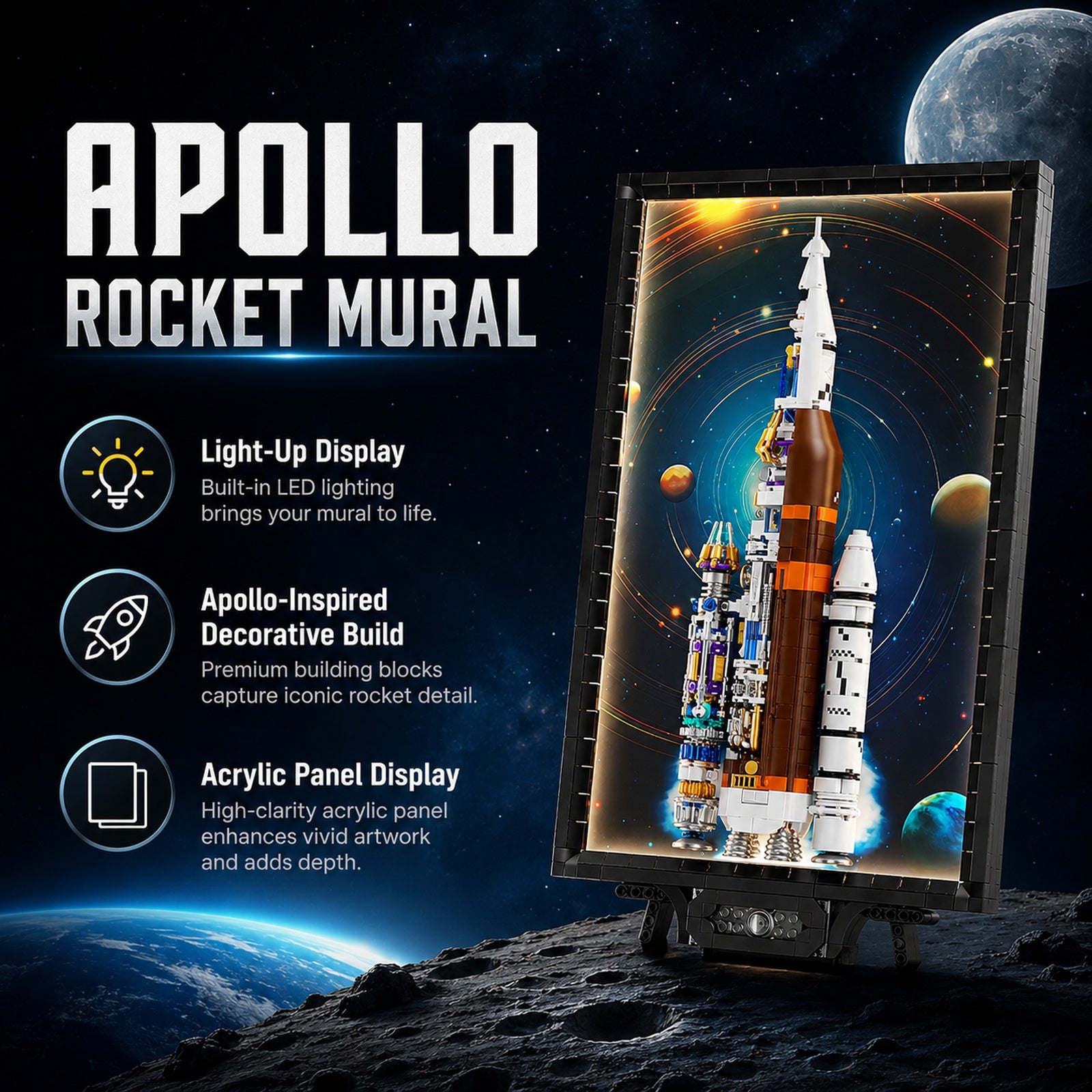 Apollo Rocket Light-Up Wall Art Building Block Display Set - rocket wall art feature image
