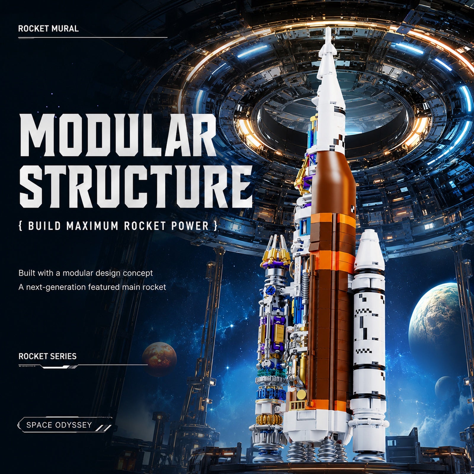 Apollo Rocket Light-Up Wall Art Building Block Display Set - modular building block structure feature
