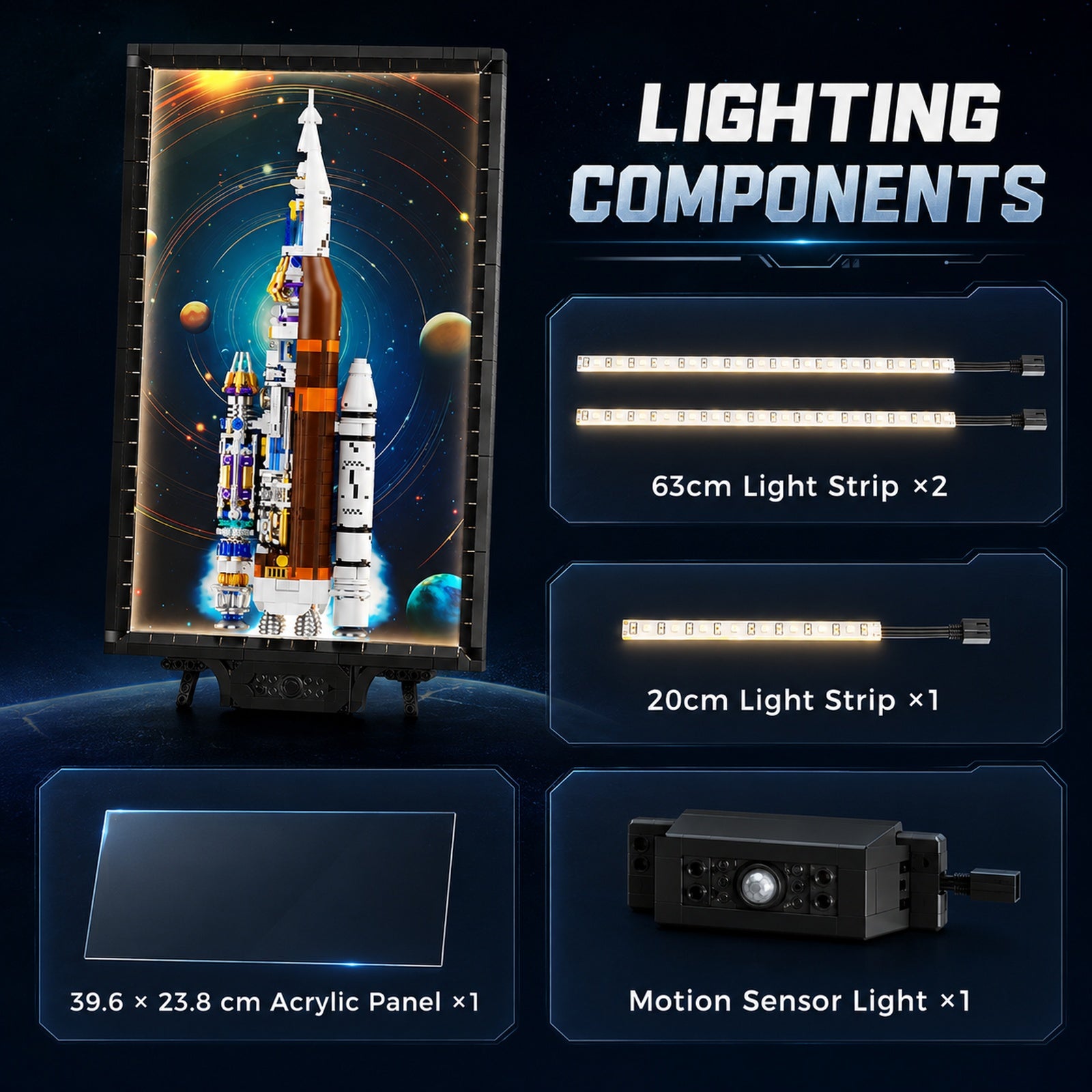 Apollo Rocket Light-Up Wall Art Building Block Display Set - lighting components feature image