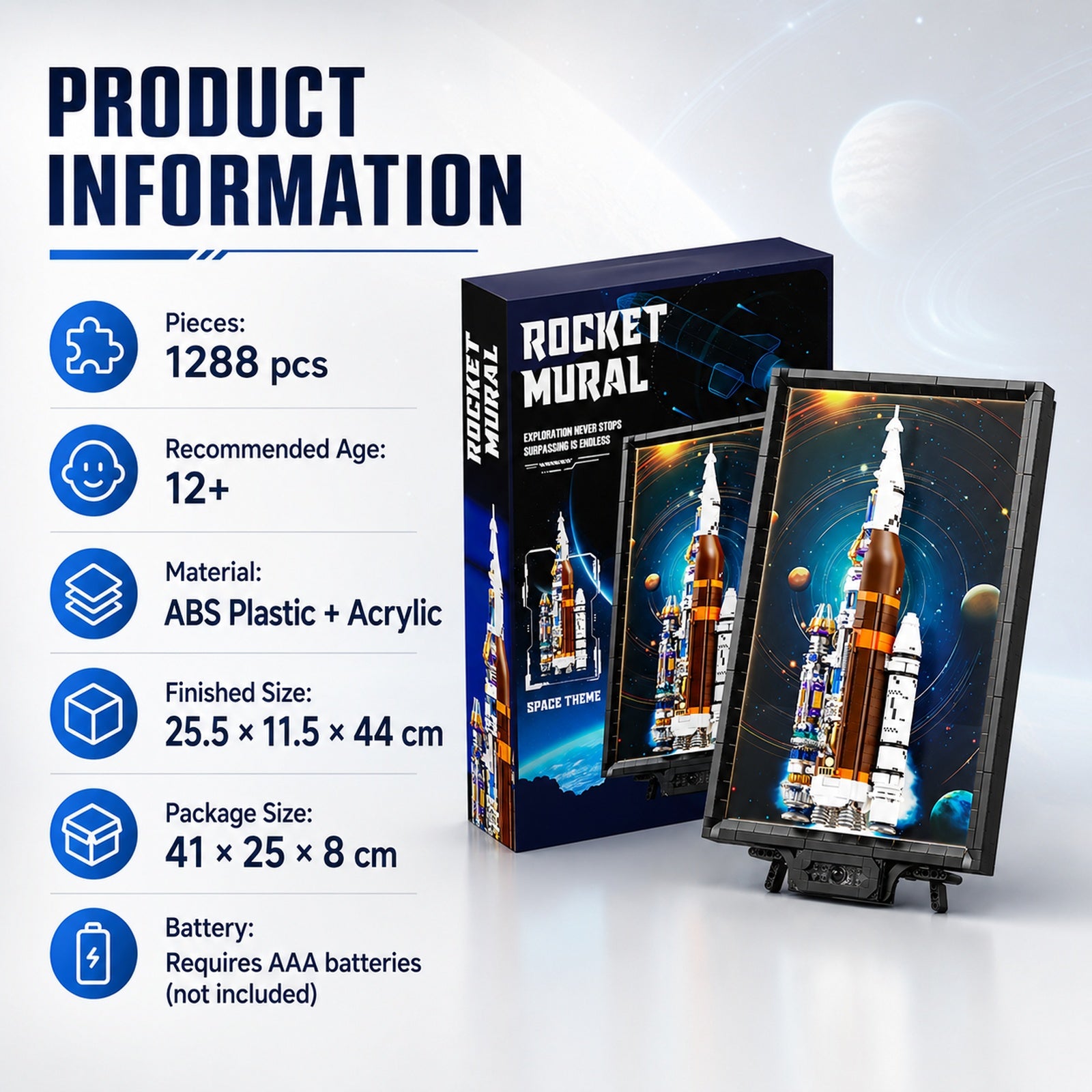 Apollo Rocket Light-Up Wall Art Building Block Display Set - product information graphic