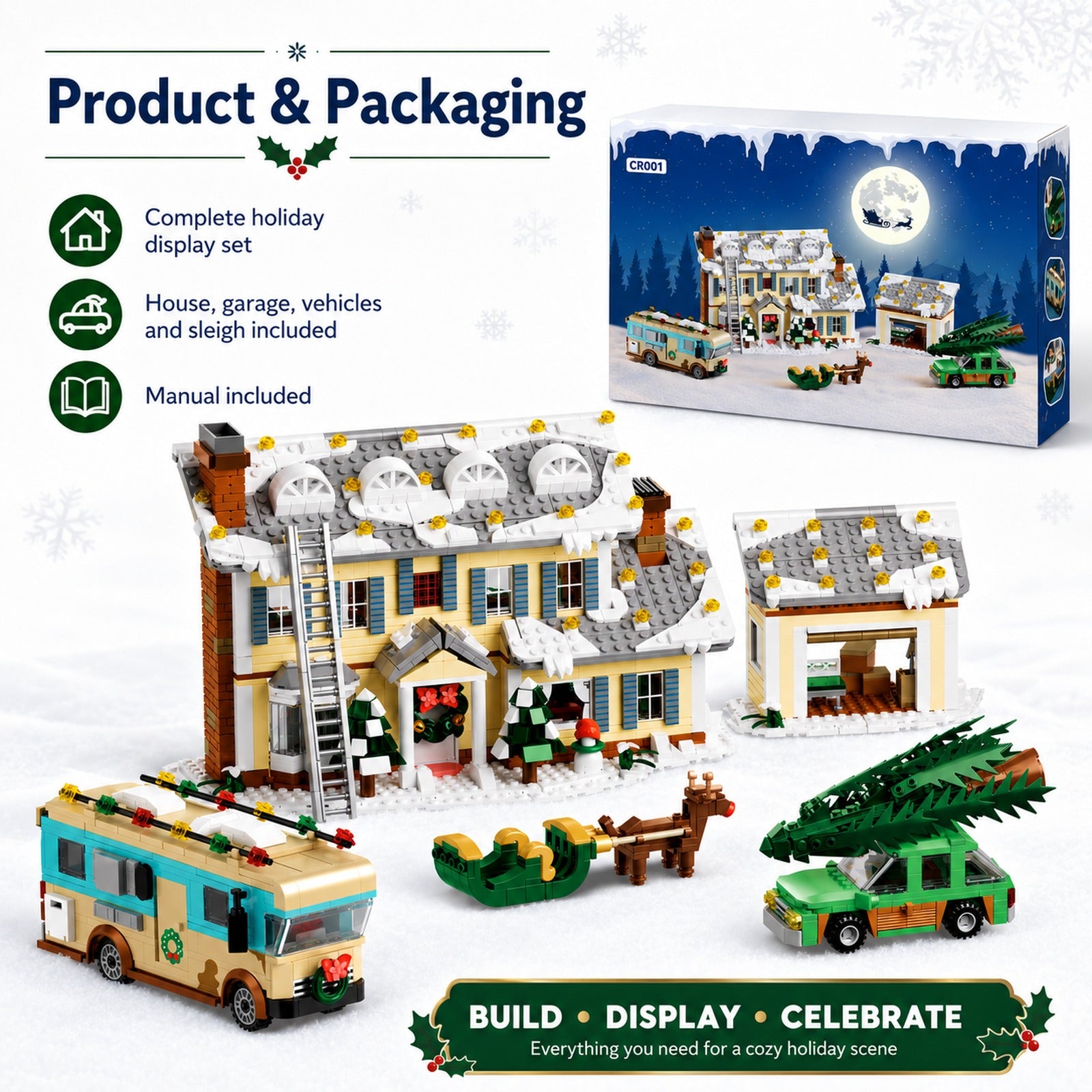Light-Up Christmas Holiday House Building Blocks Display Set with retail packaging
