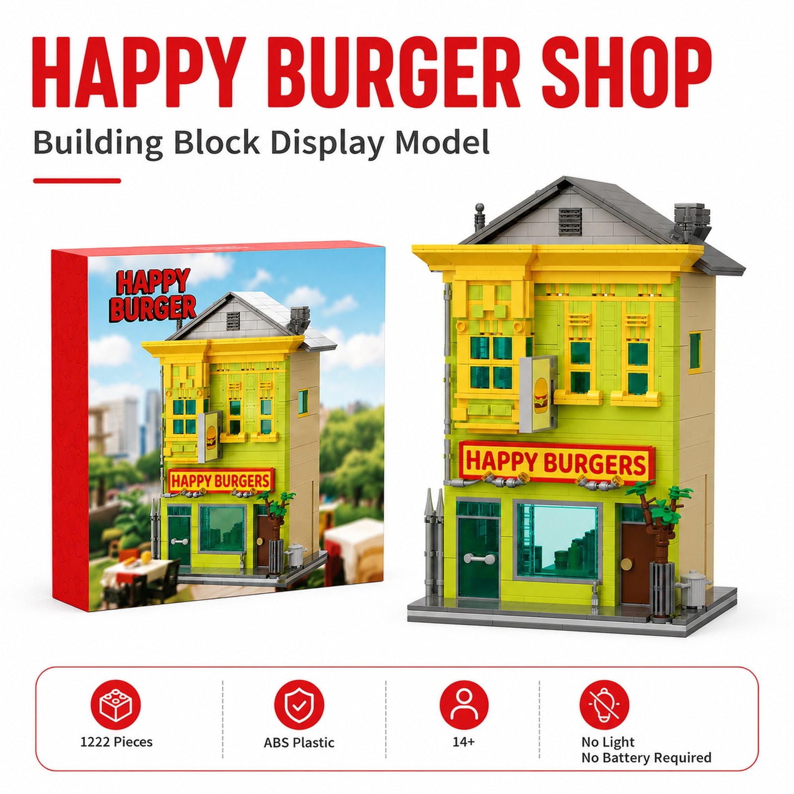 Happy Burger Shop Building Blocks Display Set with retail packaging