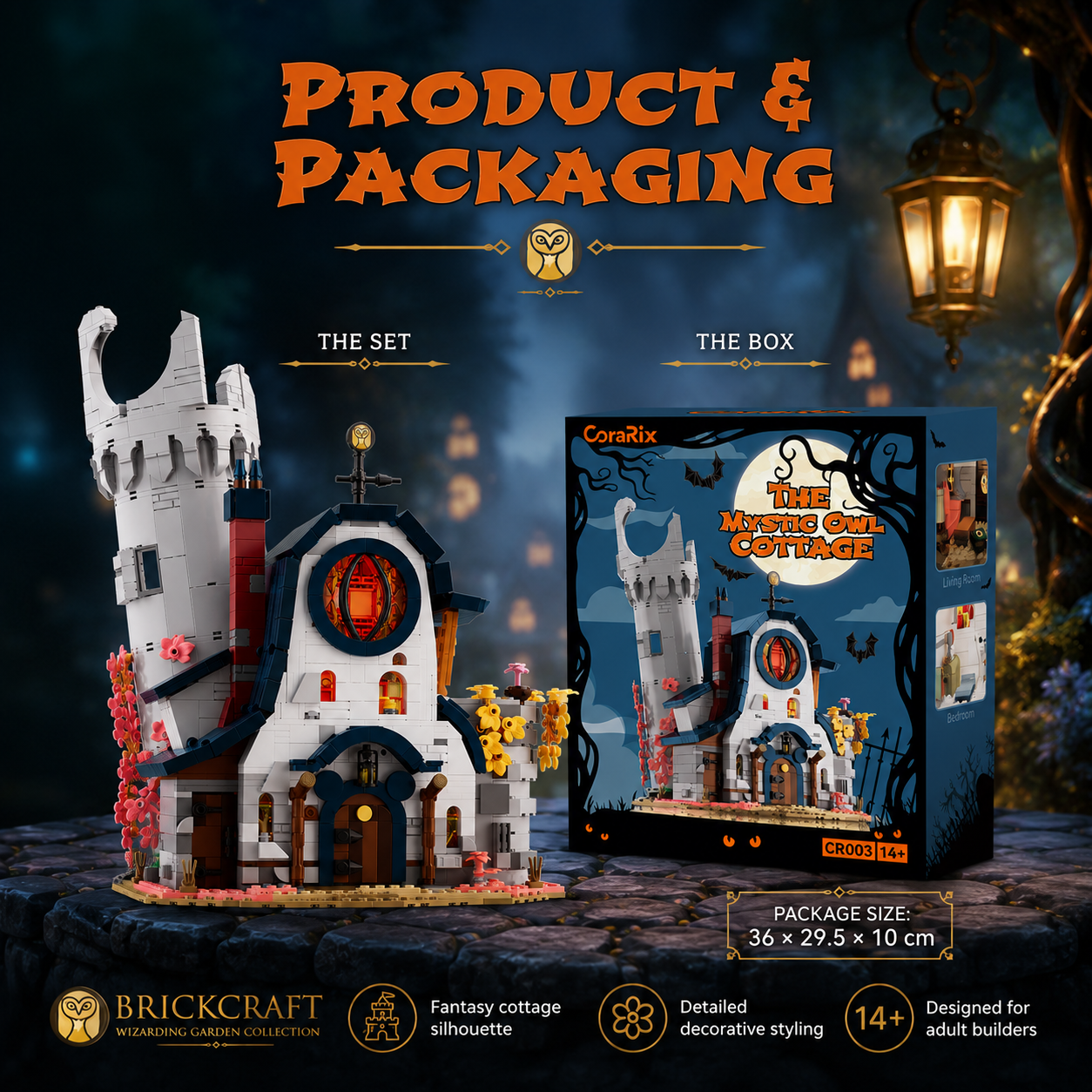 Mystic Owl Cottage Building Blocks Display Set with retail packaging