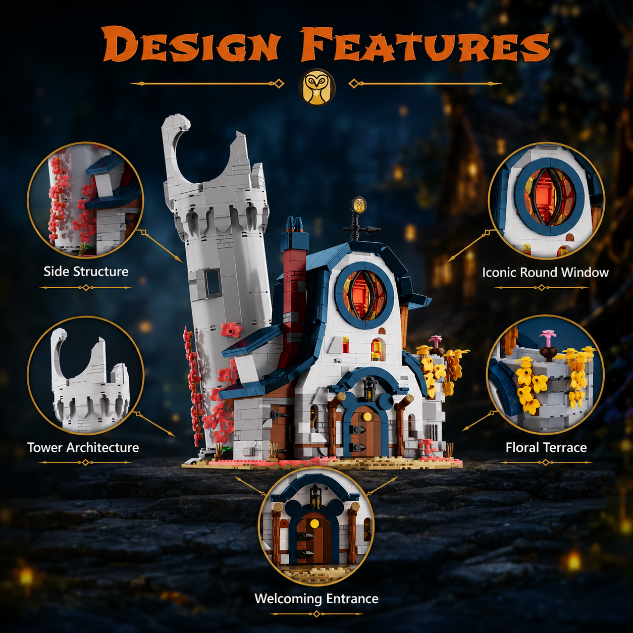 Mystic Owl Cottage design features and tower details
