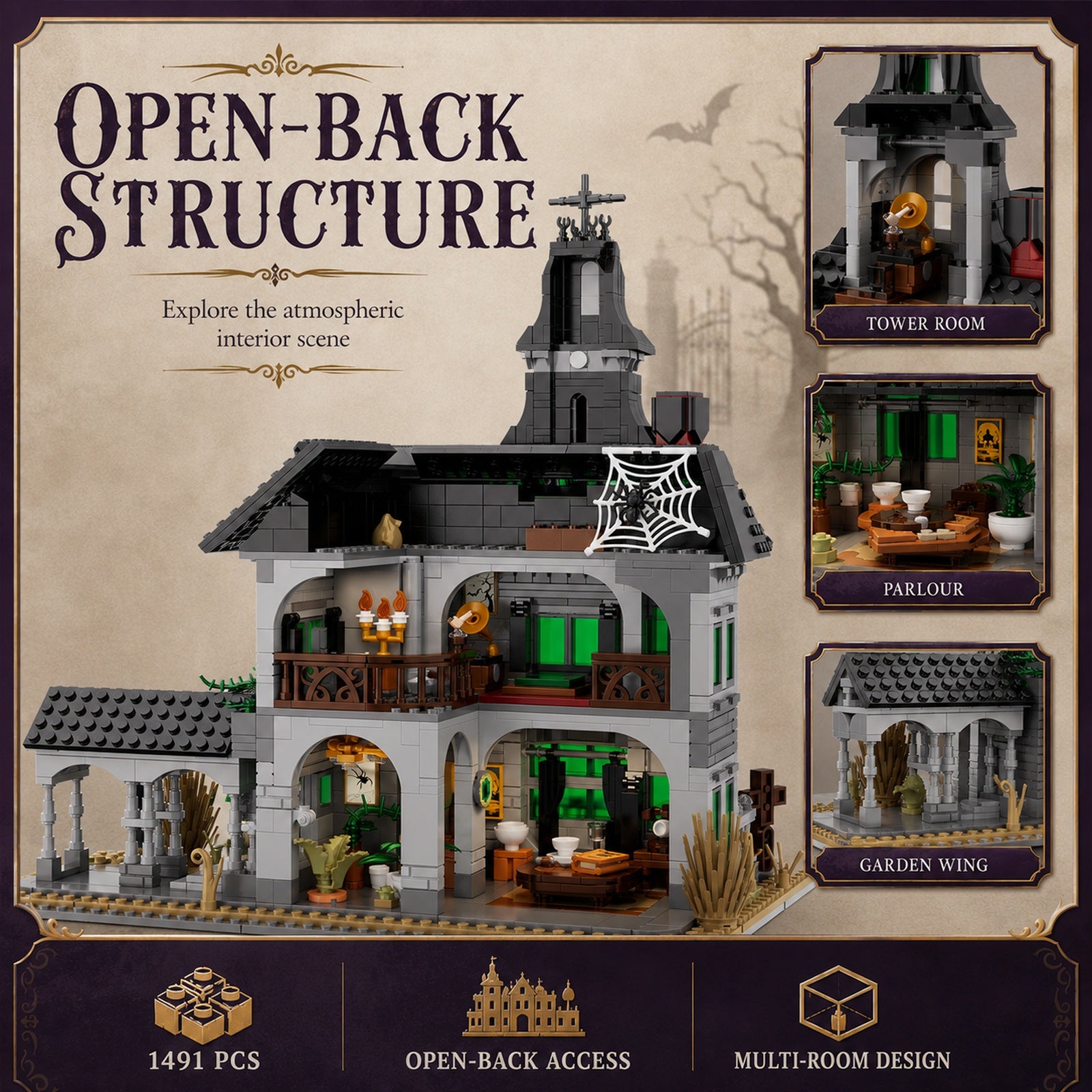 Gothic Victorian Manor open-back structure and interior rooms