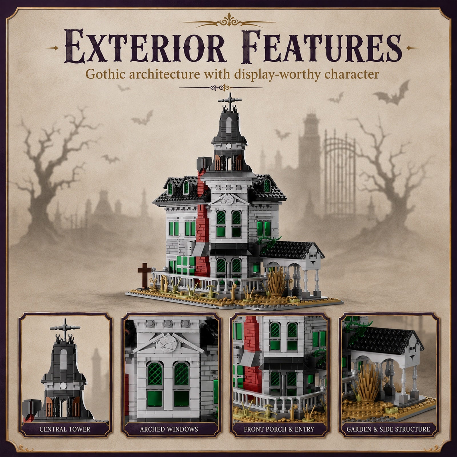 Gothic Victorian Manor exterior facade and garden features