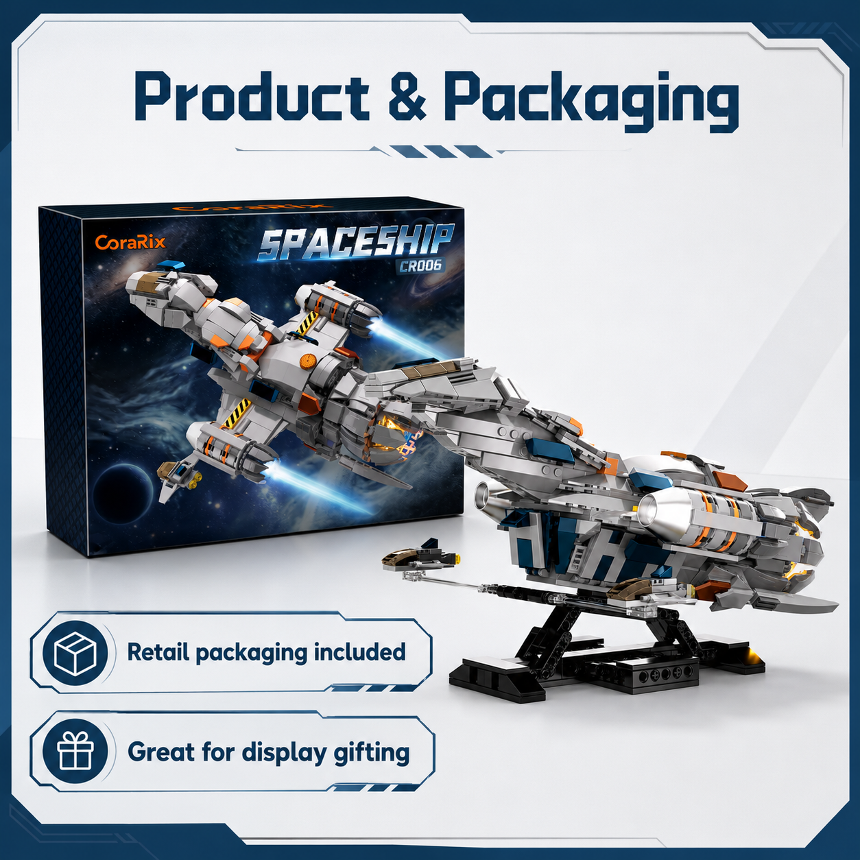 Galaxy Explorer Spaceship Building Blocks Display Set with retail packaging