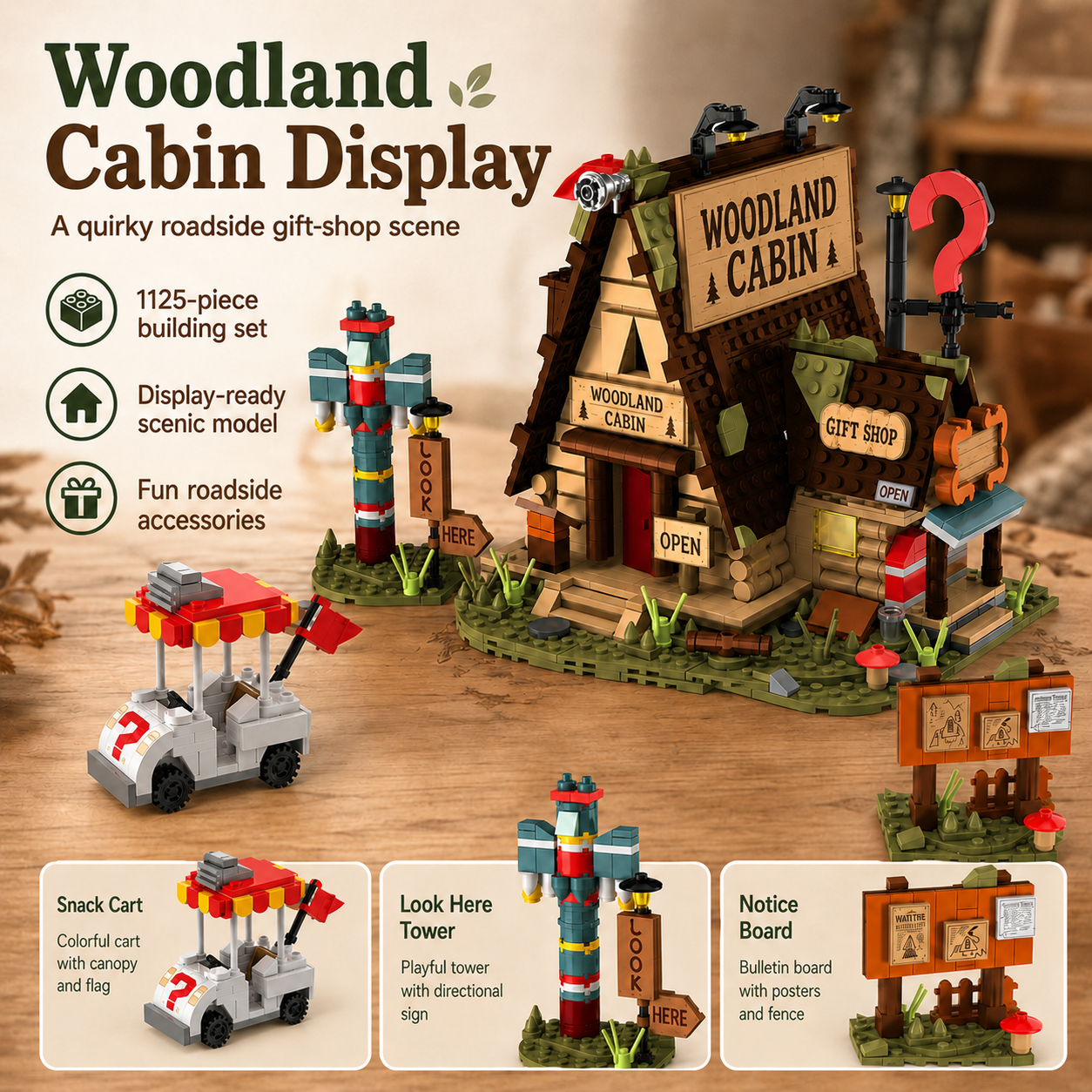 Quirky Woodland Cabin Gift Shop product features and accessories
