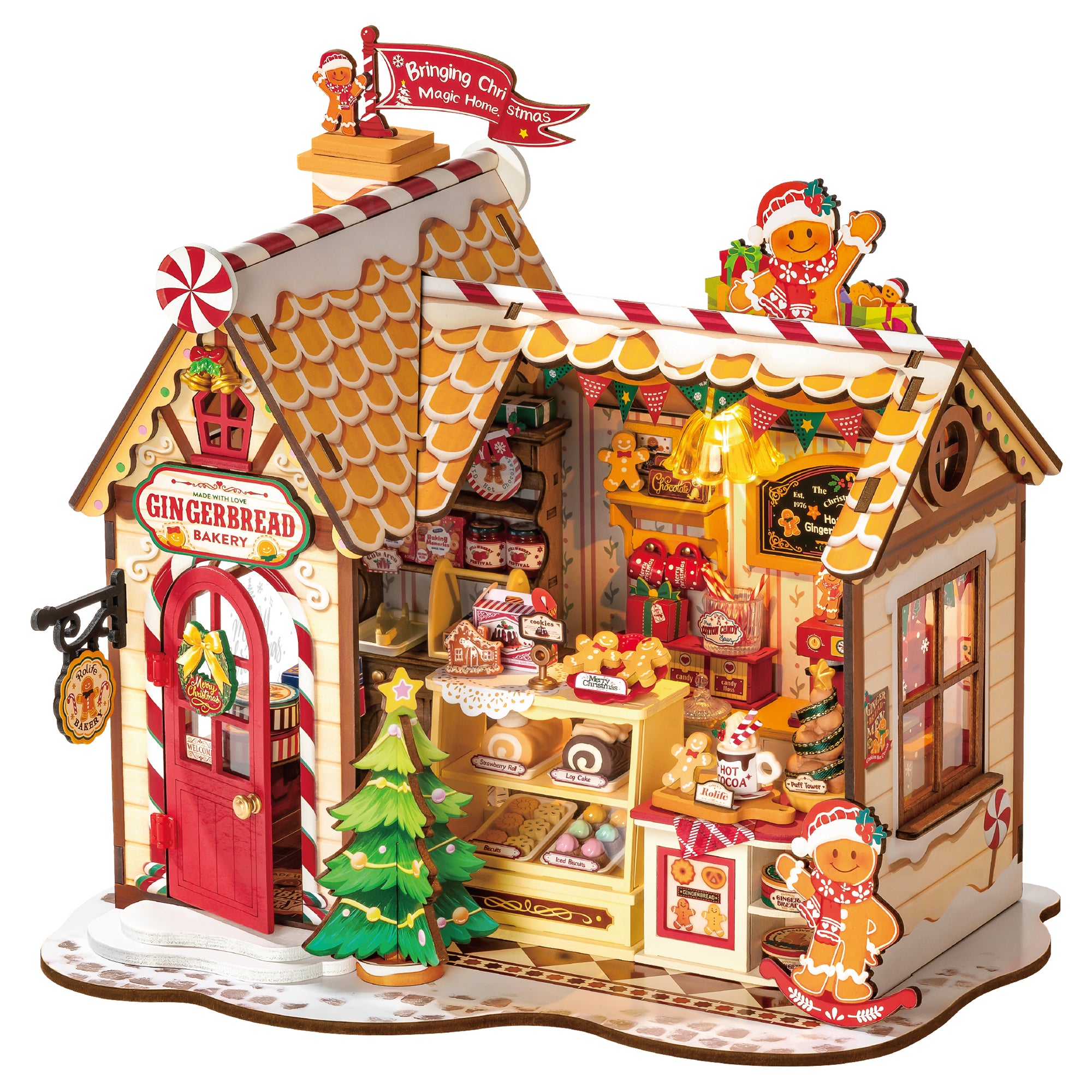 Rolife DIY Gingerbread House Kit - DG176 | 3D Wooden Puzzle with LED Lights for Adults