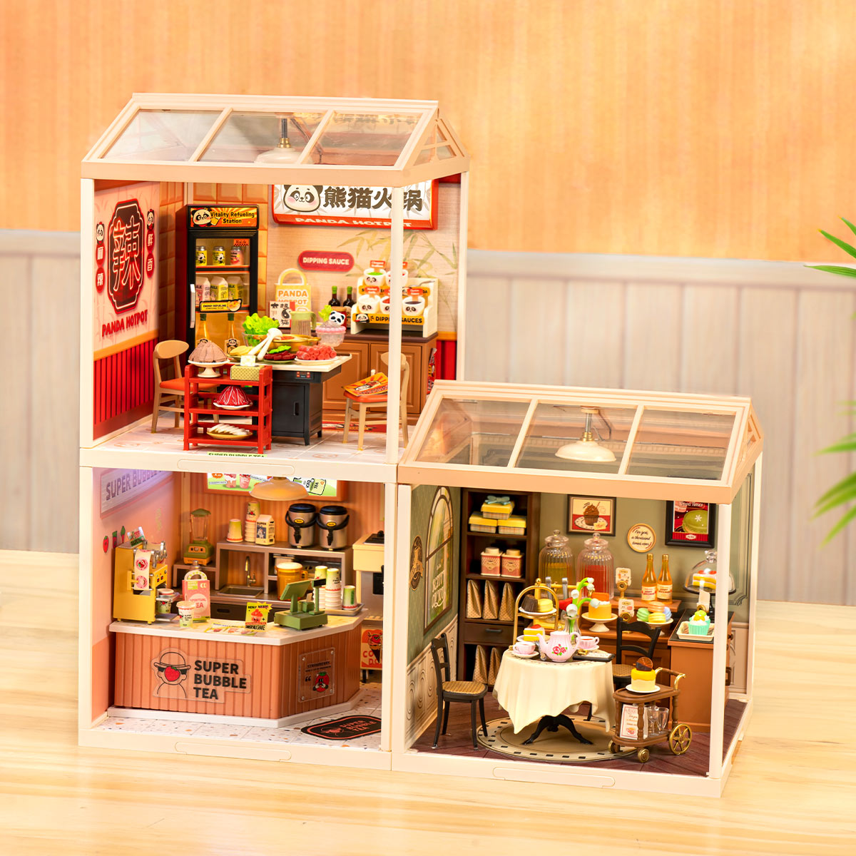 Rolife DW020 Panda Hot Pot Miniature Set | Cute Animal-Themed DIY Dollhouse Accessories for Bookshelf Decor