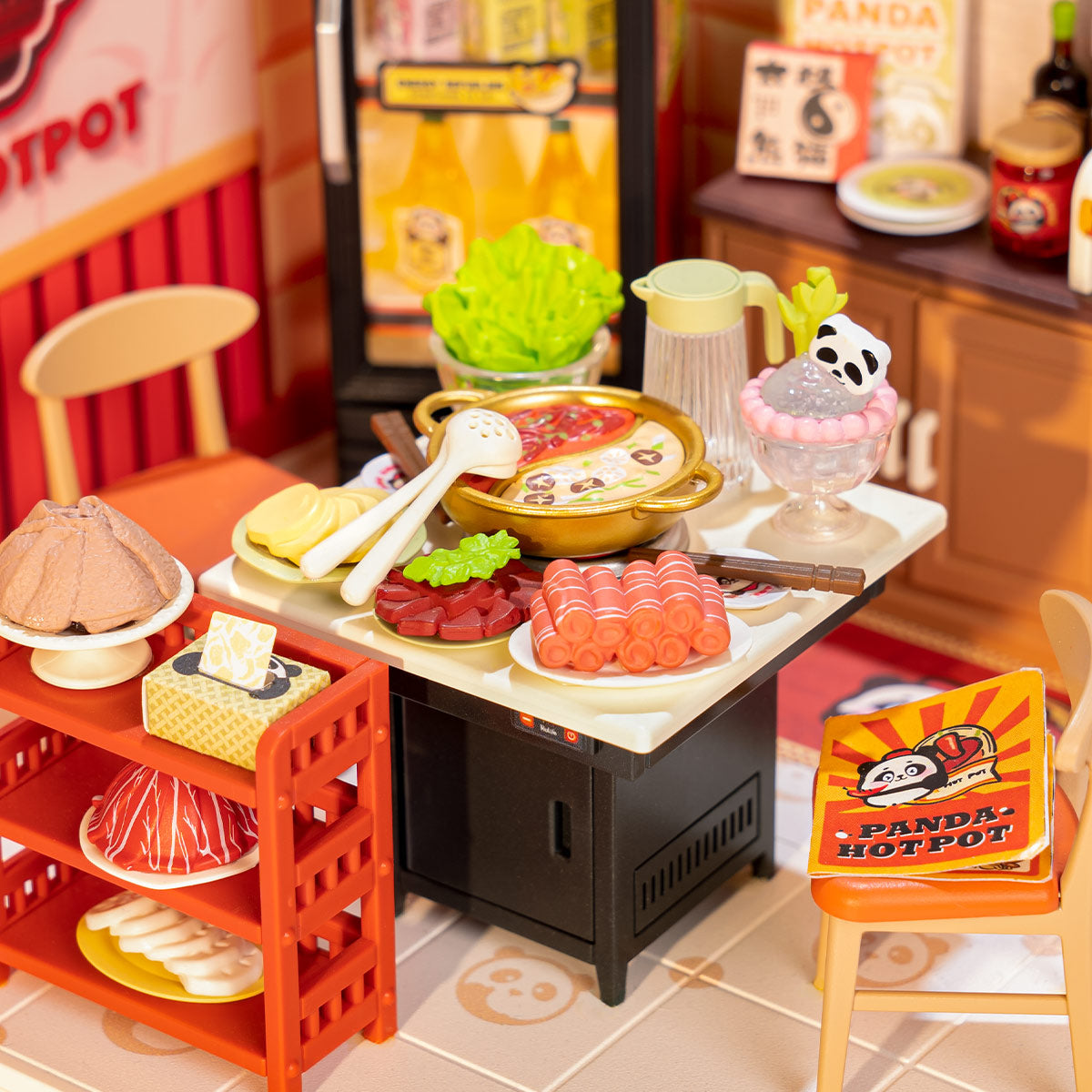 Rolife DW020 Panda Hot Pot Miniature Set | Cute Animal-Themed DIY Dollhouse Accessories for Bookshelf Decor
