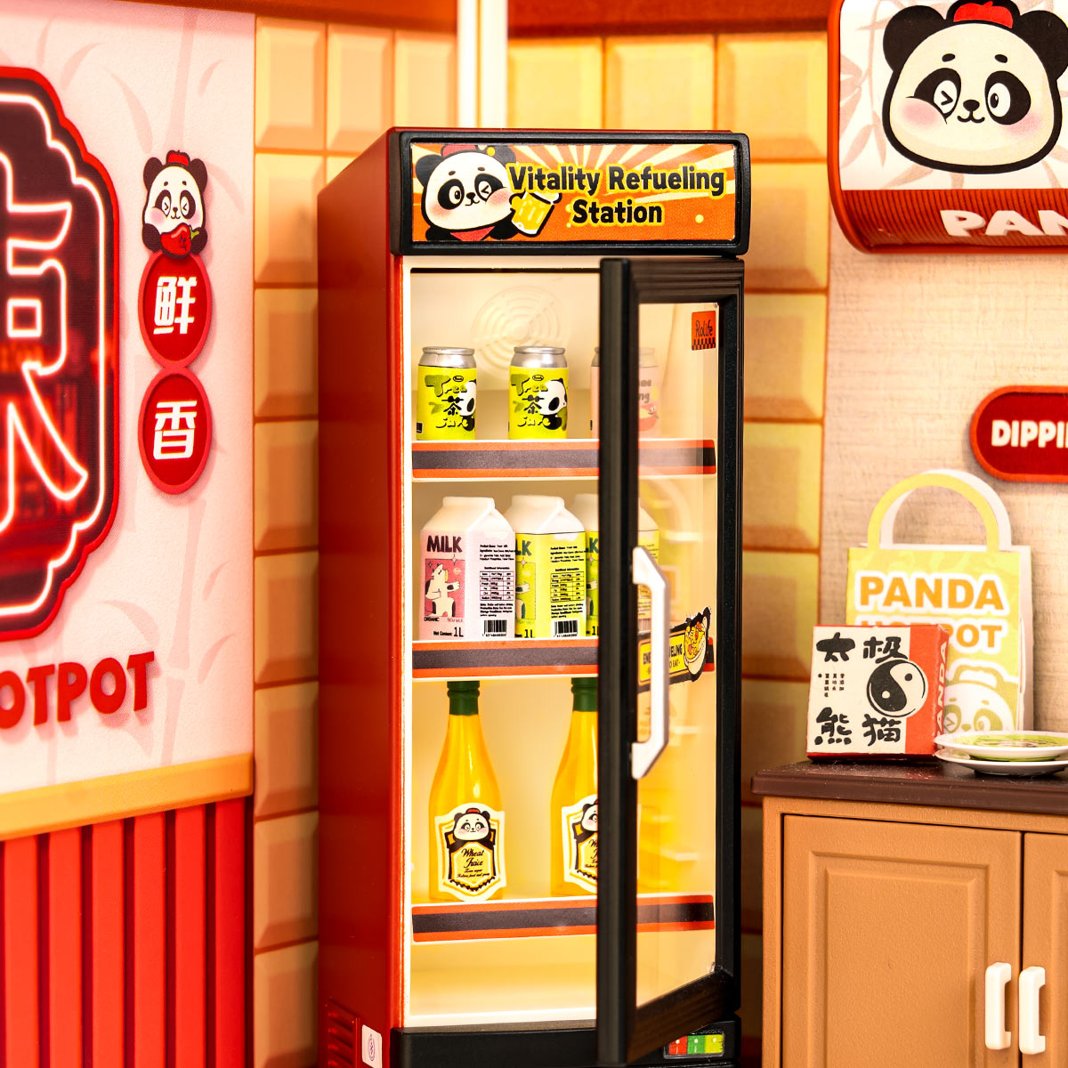 Rolife DW020 Panda Hot Pot Miniature Set | Cute Animal-Themed DIY Dollhouse Accessories for Bookshelf Decor