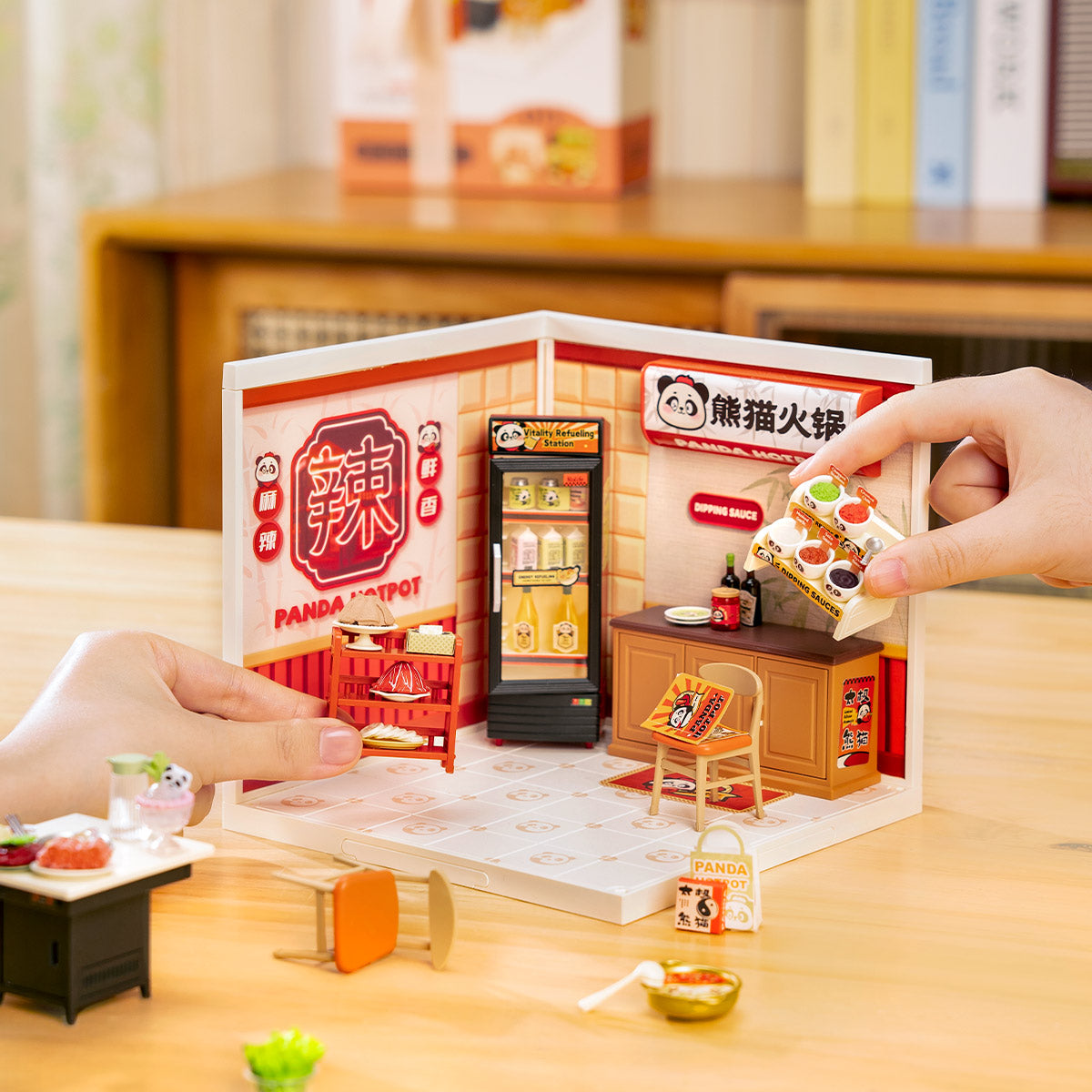 Rolife DW020 Panda Hot Pot Miniature Set | Cute Animal-Themed DIY Dollhouse Accessories for Bookshelf Decor