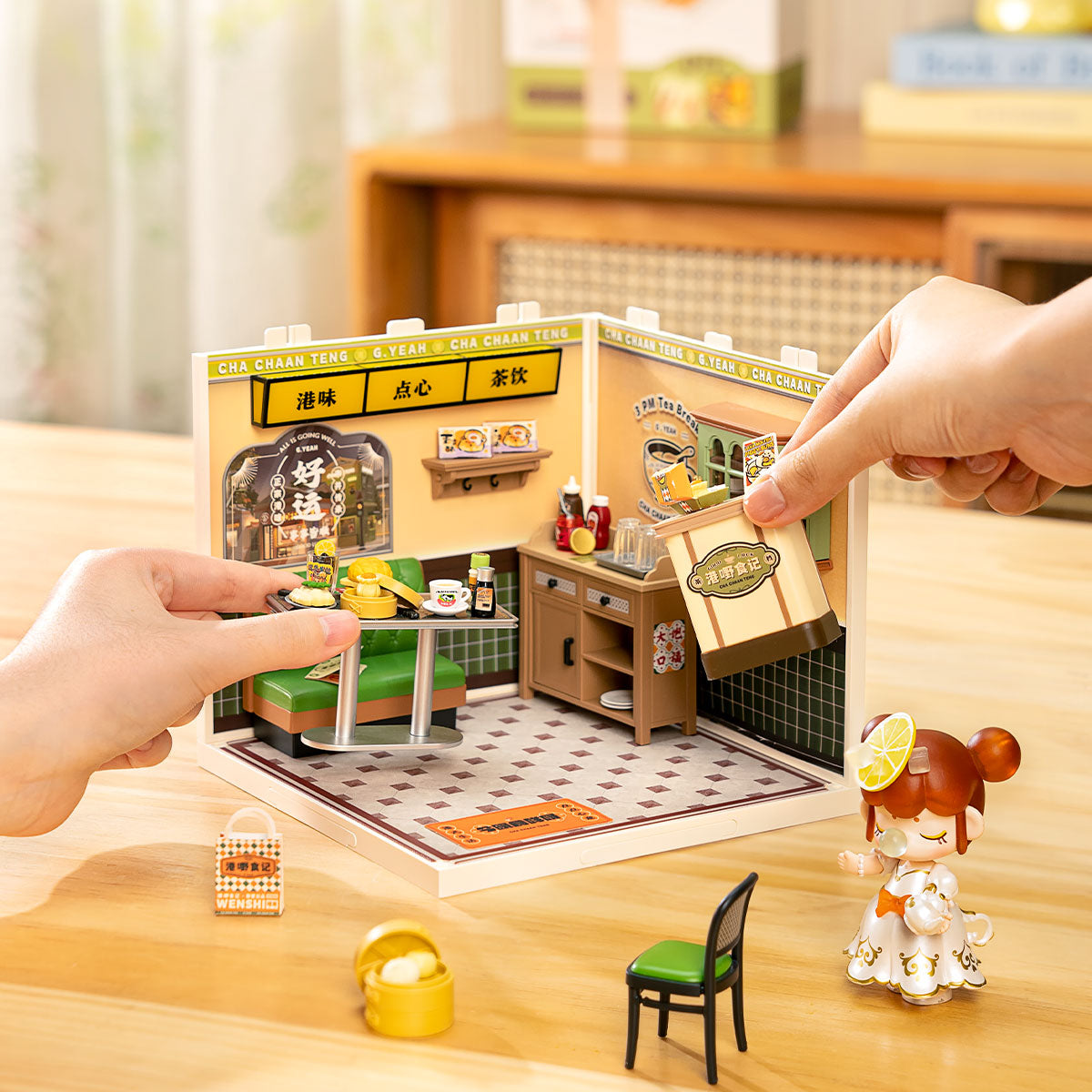 Rolife DW021 Hong Kong Bites Cafe Miniature Set | DIY Asian Street Food Dollhouse Bookshelf Decor