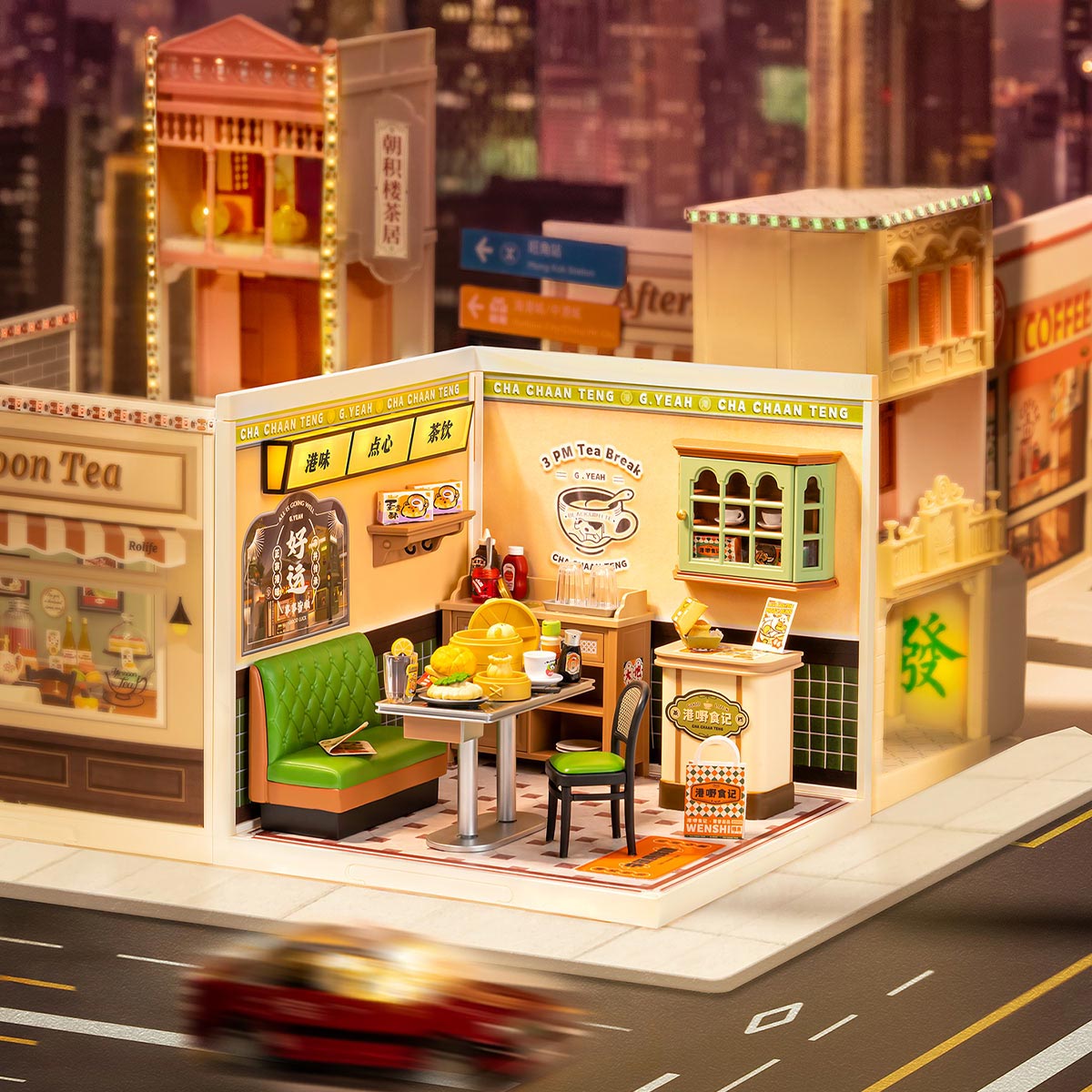 Rolife DW021 Hong Kong Bites Cafe Miniature Set | DIY Asian Street Food Dollhouse Bookshelf Decor