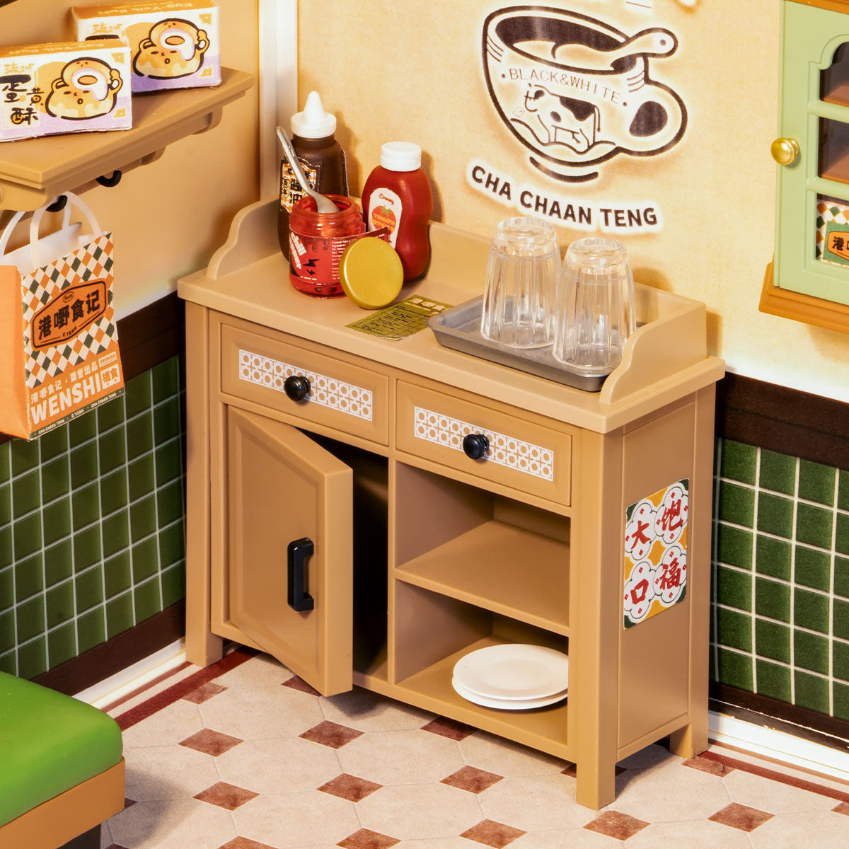 Rolife DW021 Hong Kong Bites Cafe Miniature Set | DIY Asian Street Food Dollhouse Bookshelf Decor