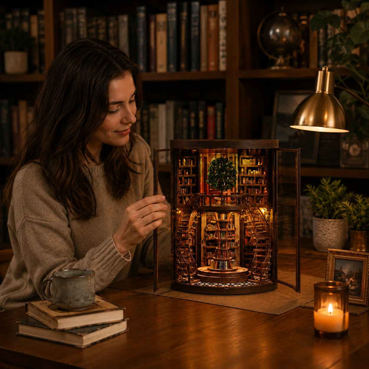 Wisdom Rings Book Repository DIY miniature kit lifestyle scene with adult in home study