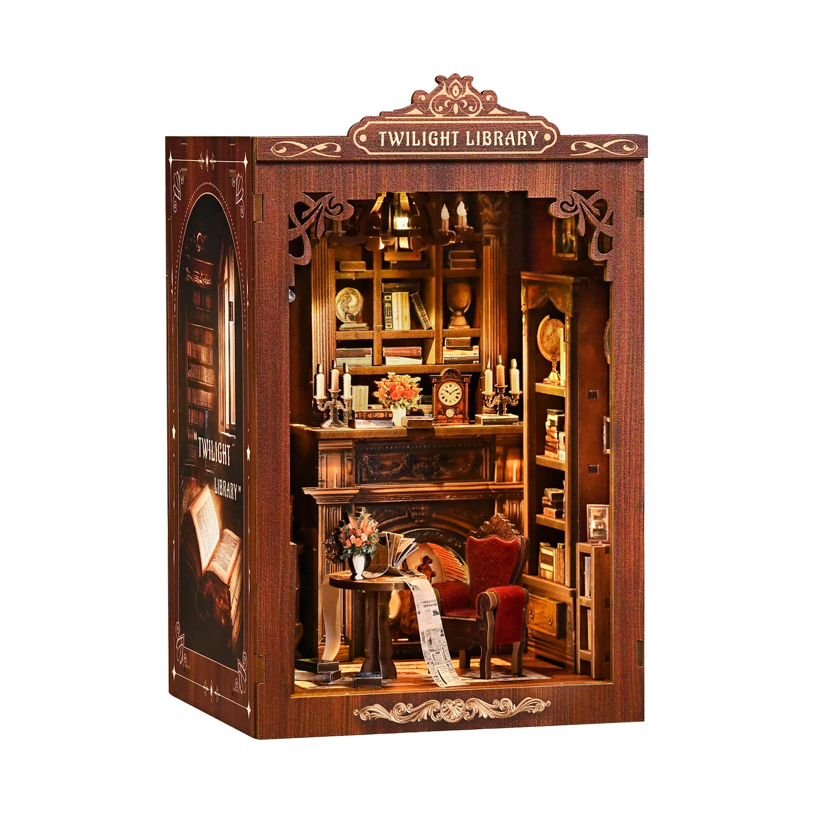Twilight Library DIY miniature house kit with LED light, three-quarter product view