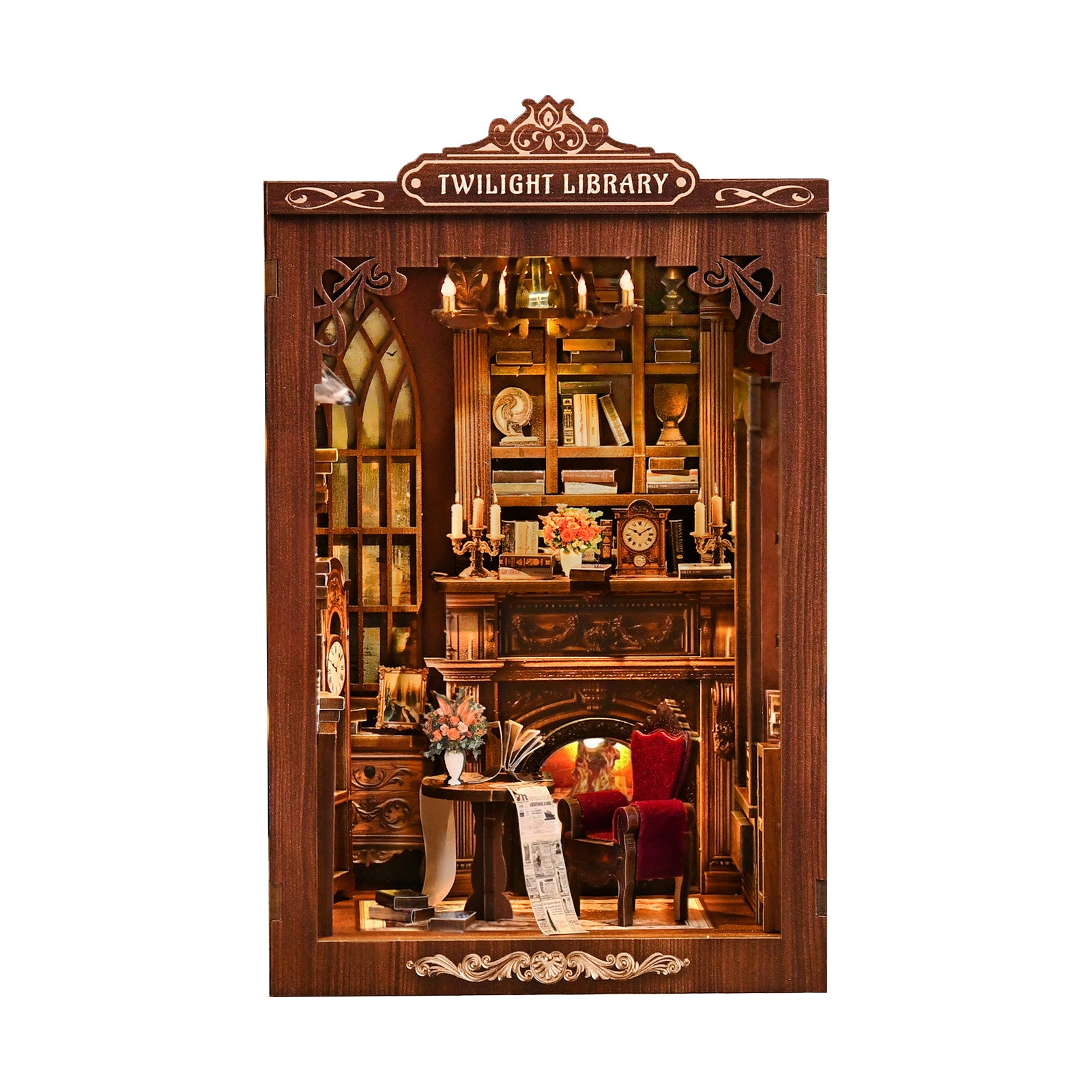 Twilight Library DIY miniature house kit with LED light, front view