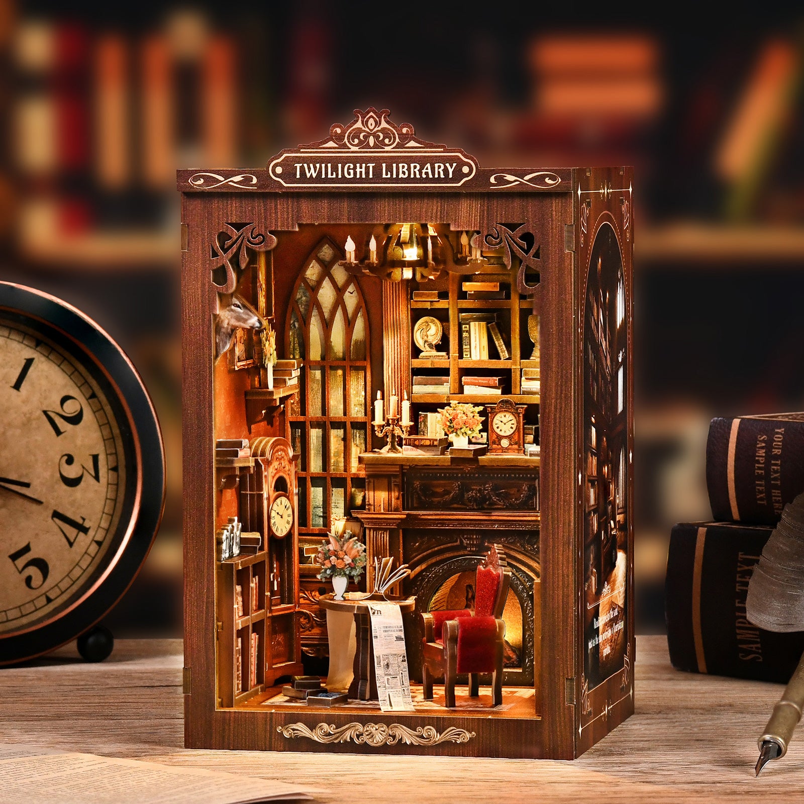 Twilight Library DIY miniature house kit angled desk display with illuminated interior