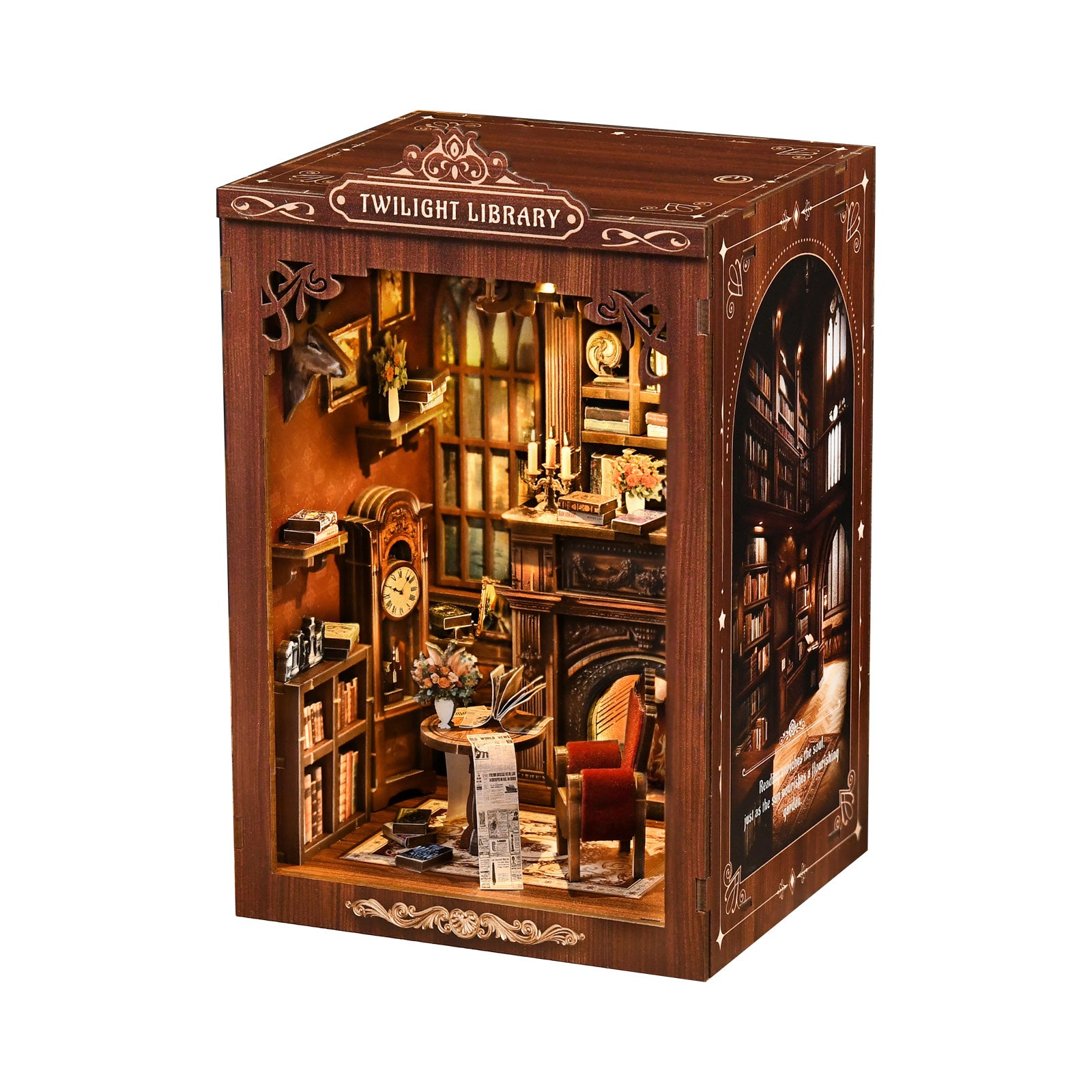 Twilight Library miniature house kit side angle showing window and library details