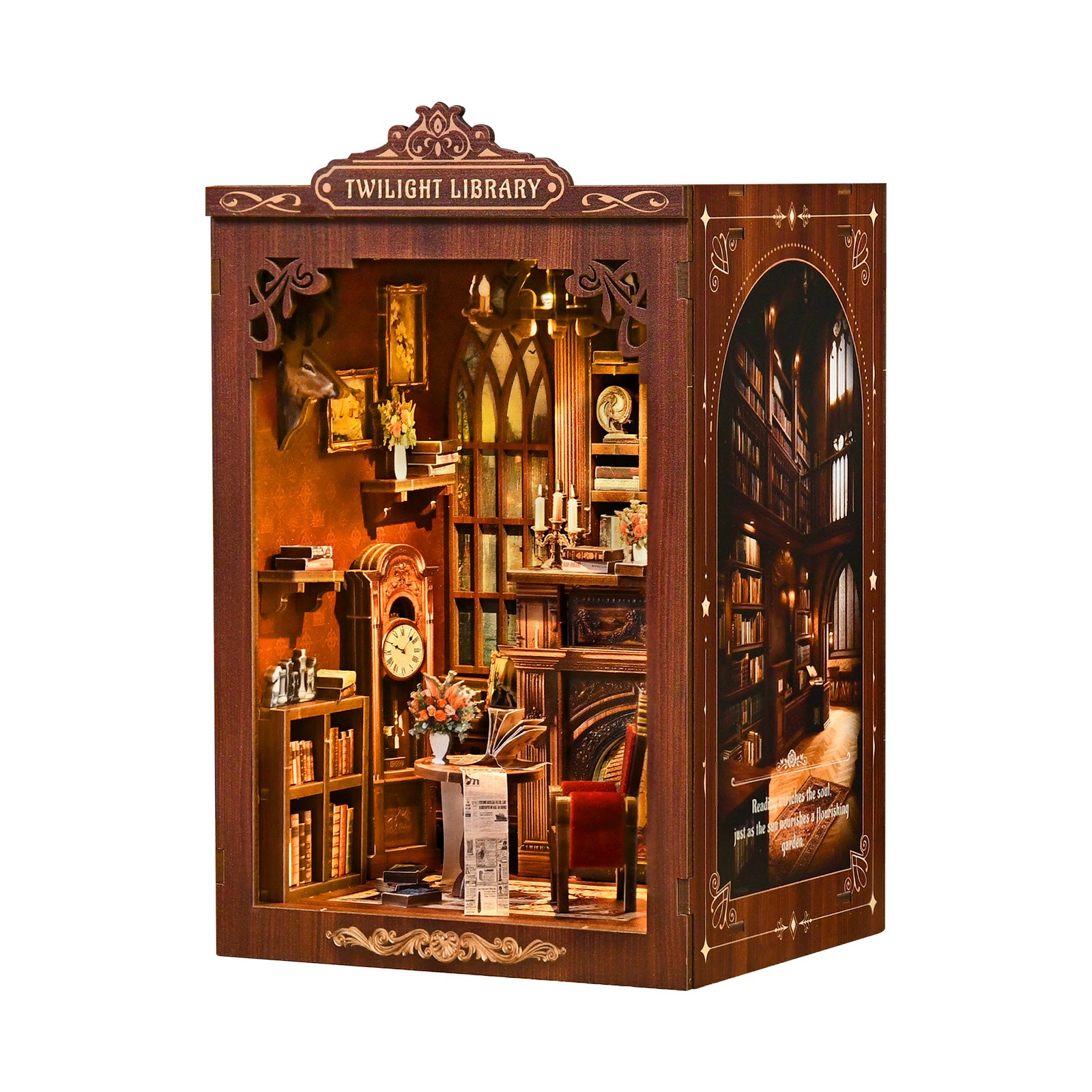 Twilight Library DIY miniature house kit open view showing detailed interior scene