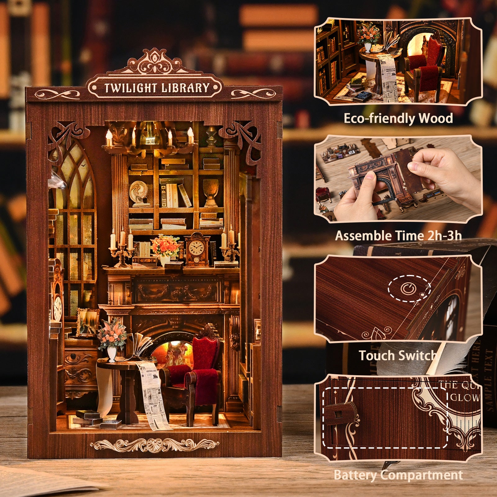 Twilight Library DIY miniature house kit features including LED light and assembly details