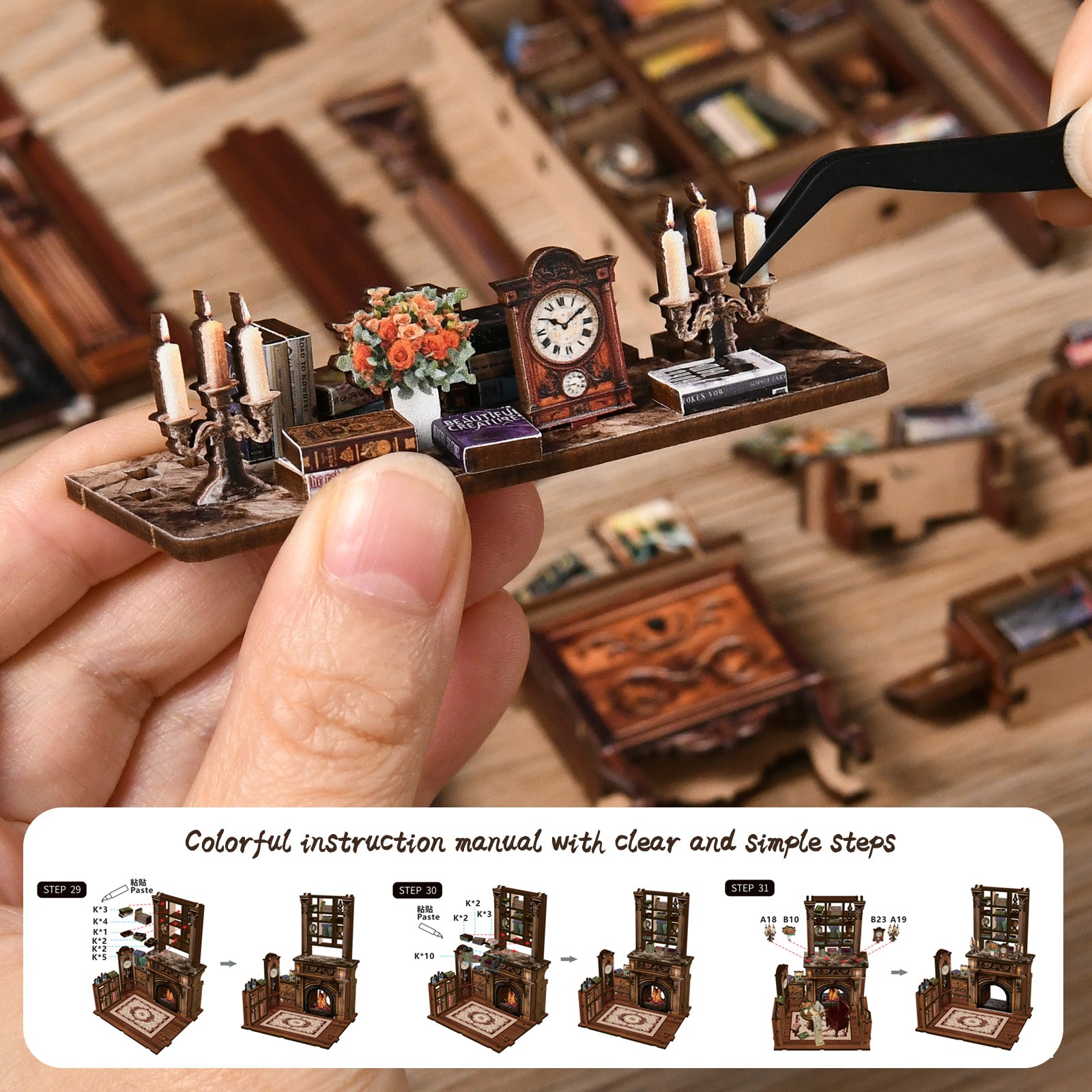 Twilight Library miniature model close-up of detailed accessories and warm lighting