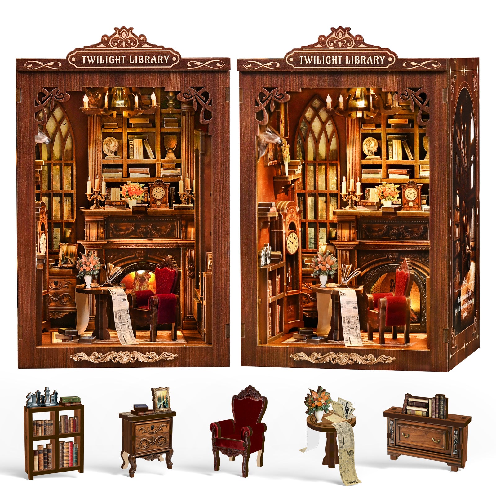 Twilight Library miniature house kit display views and removable scene accessories