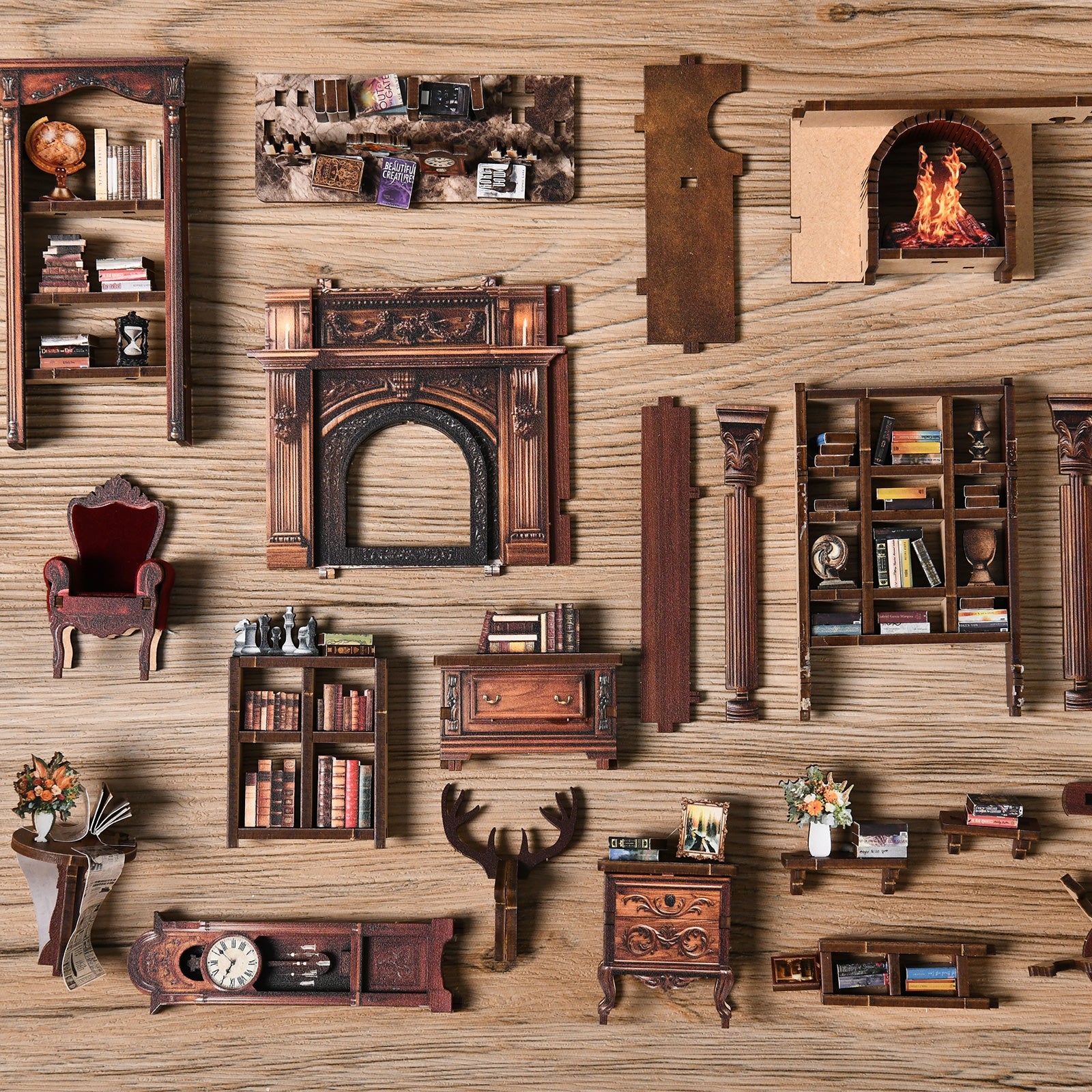 Twilight Library DIY miniature house kit parts overview before assembly