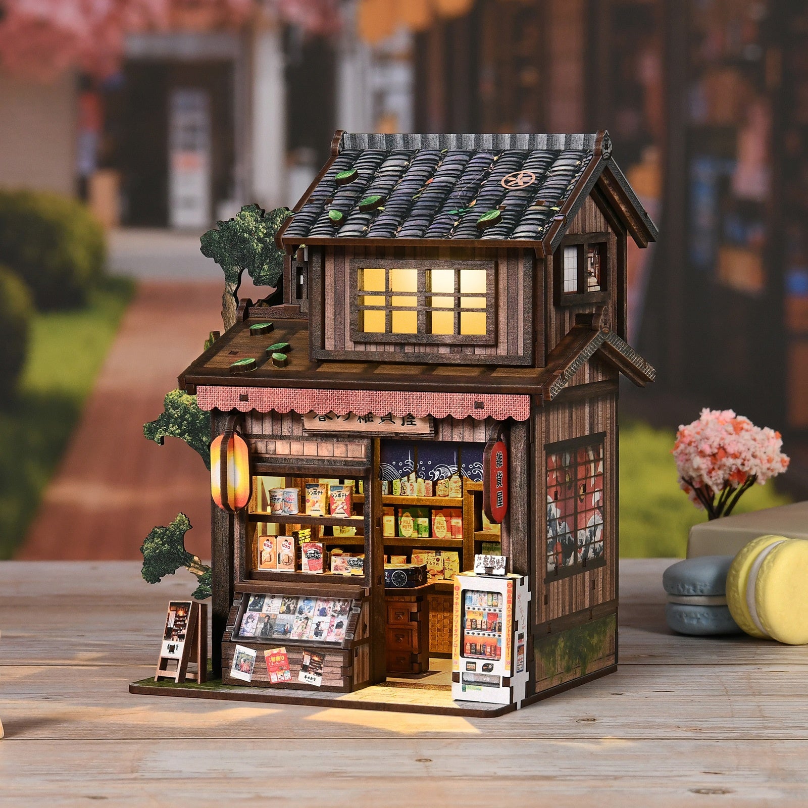 Kasuga Grocery Store DIY Miniature House Kit with LED Light - lifestyle scene