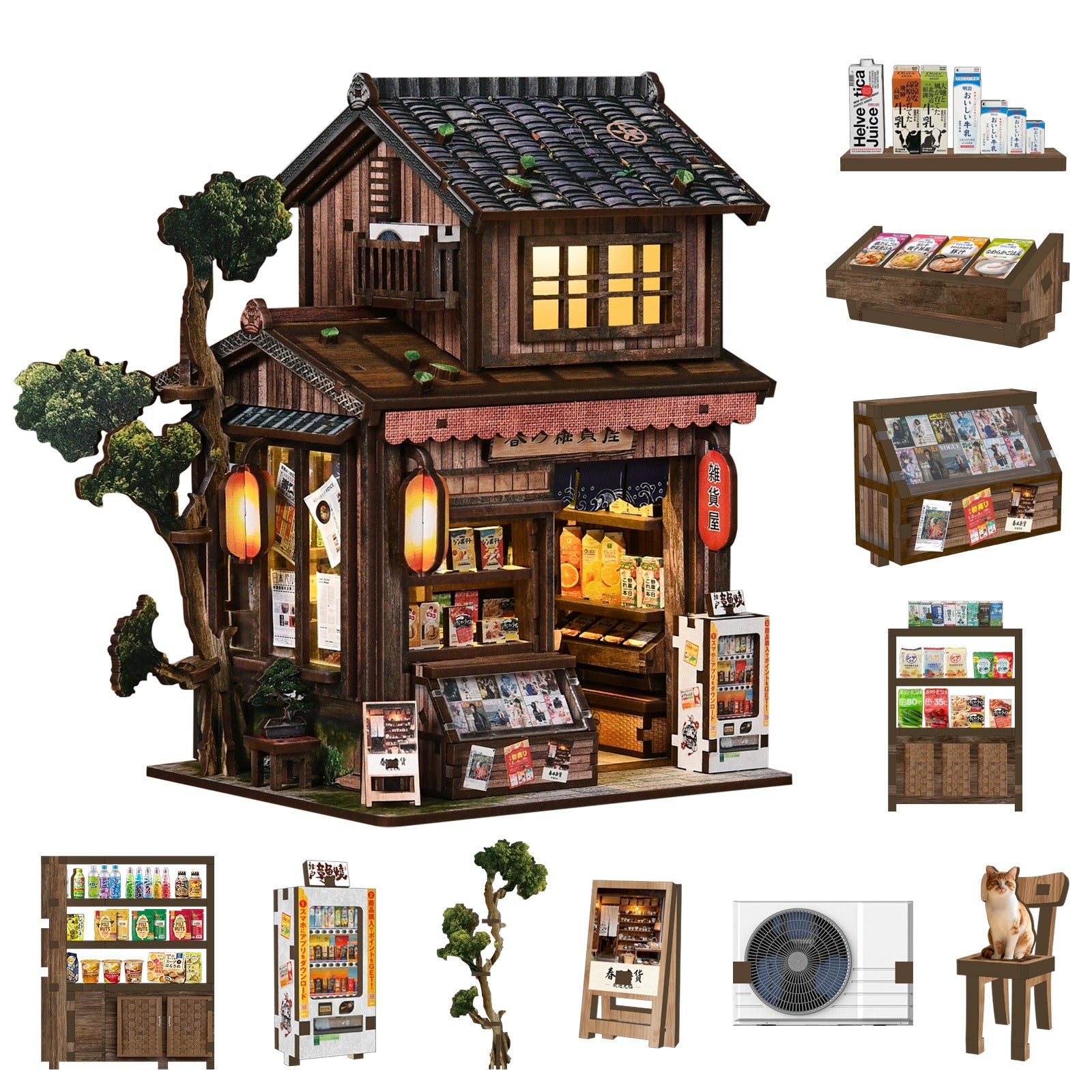 Kasuga Grocery Store DIY Miniature House Kit with LED Light - accessories overview
