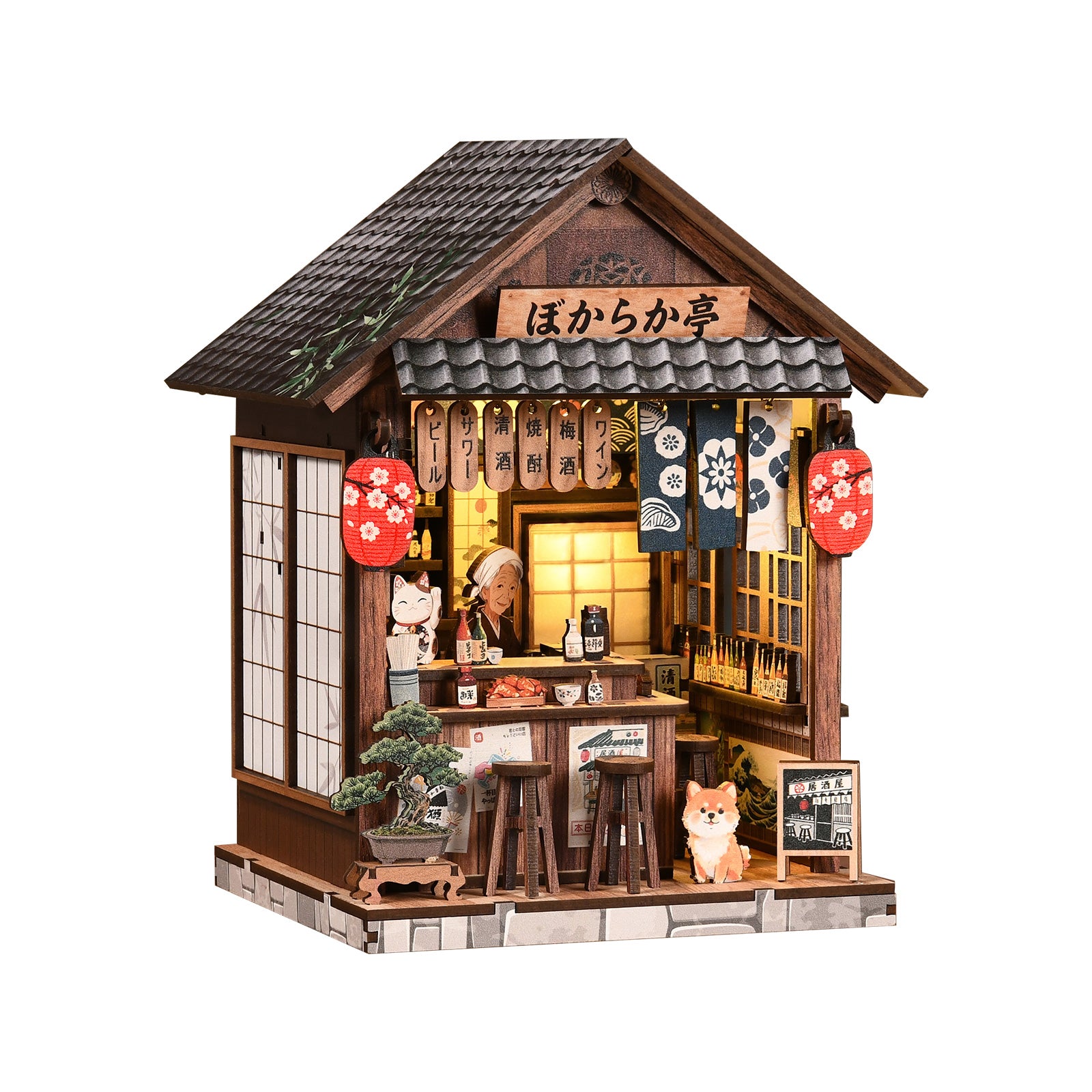 The Mellow Pub DIY Miniature House Kit with LED Light - front left angle view