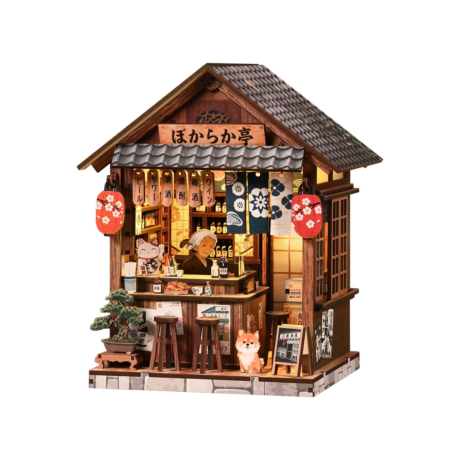 The Mellow Pub DIY Miniature House Kit with LED Light - front right angle view