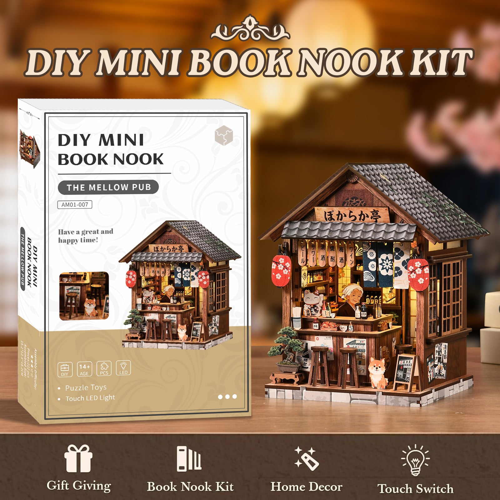 The Mellow Pub DIY Miniature House Kit with LED Light - box and product display