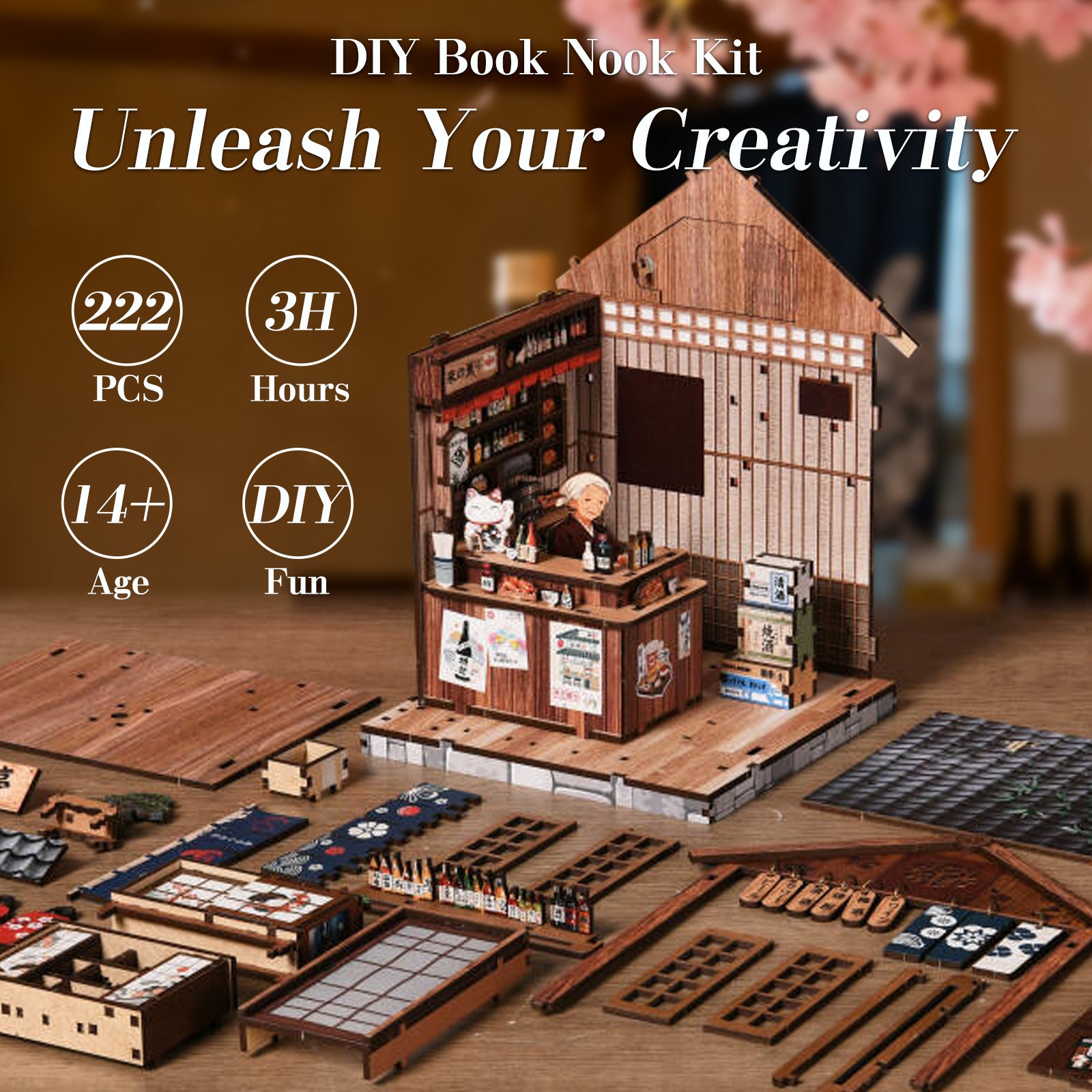 The Mellow Pub DIY Miniature House Kit with LED Light - parts and creative details