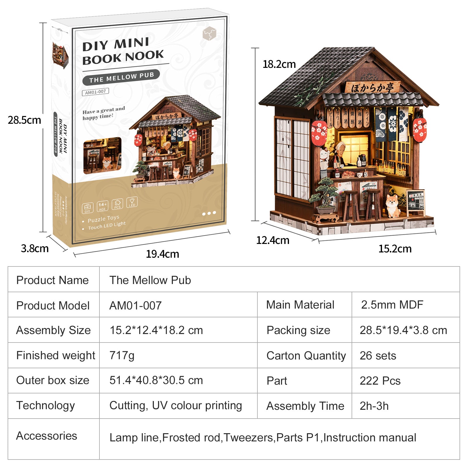 The Mellow Pub DIY Miniature House Kit with LED Light - specification table