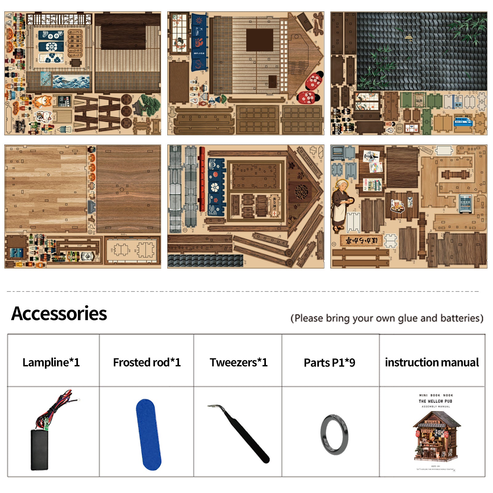 The Mellow Pub DIY Miniature House Kit with LED Light - accessories overview