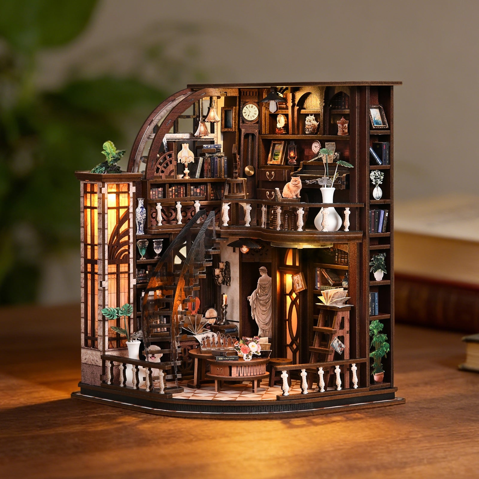 Bacchus Bookstore DIY Miniature Kit with LED Light - front angle lifestyle scene