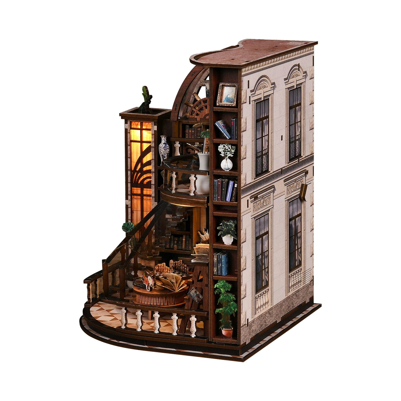 Bacchus Bookstore DIY Miniature Kit with LED Light - side and back angle view