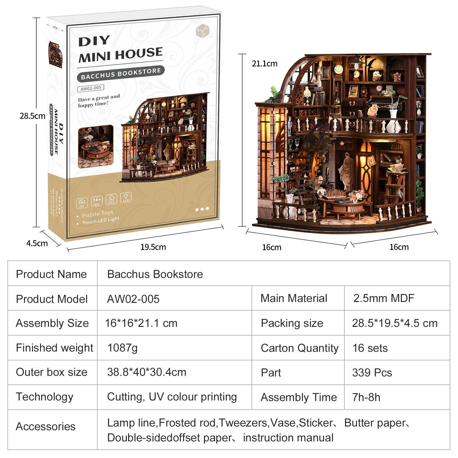 Bacchus Bookstore DIY Miniature Kit with LED Light - size information
